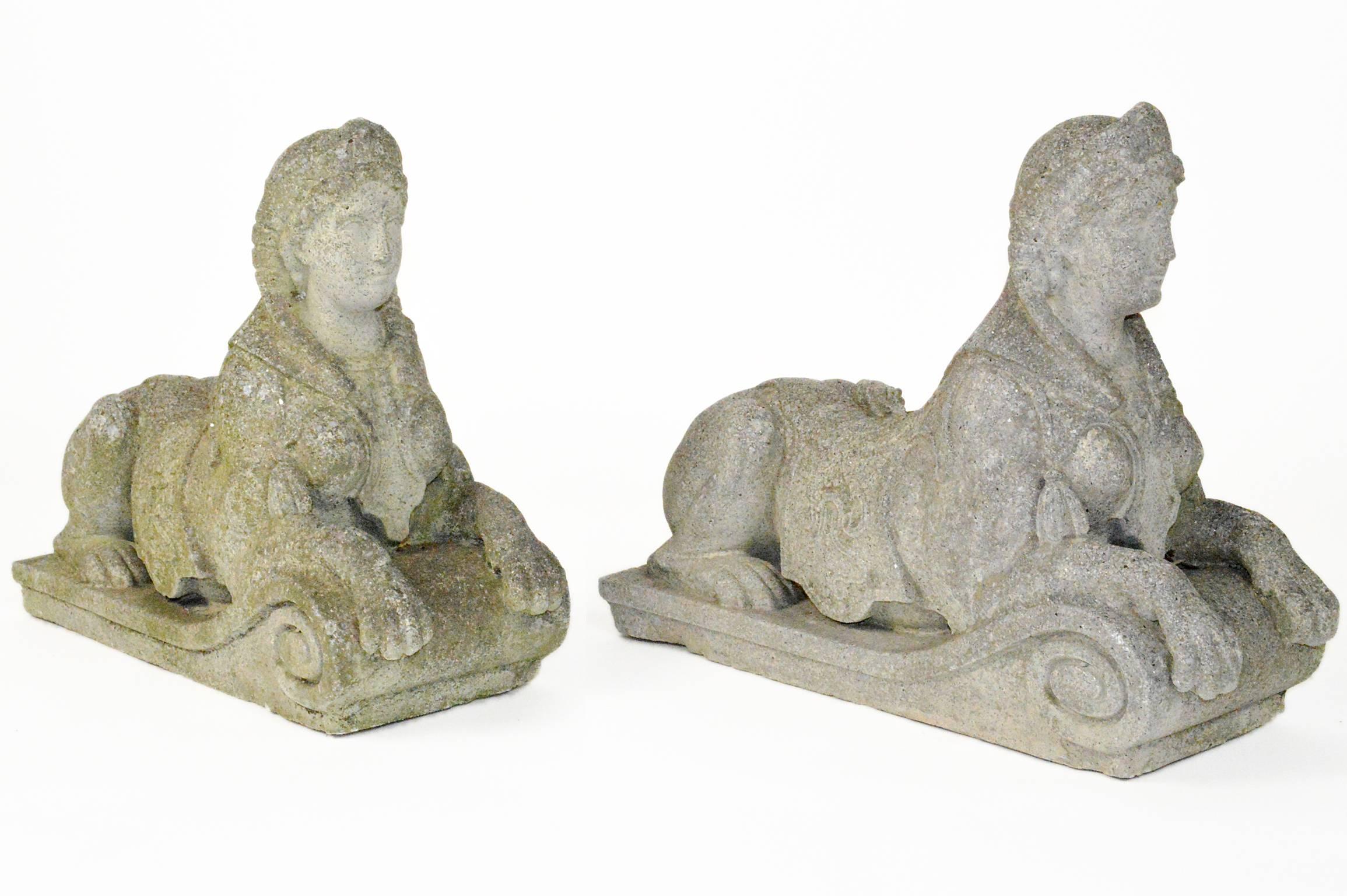 Pair of Egyptian Revival Carved Stone Garden Sphinx 3