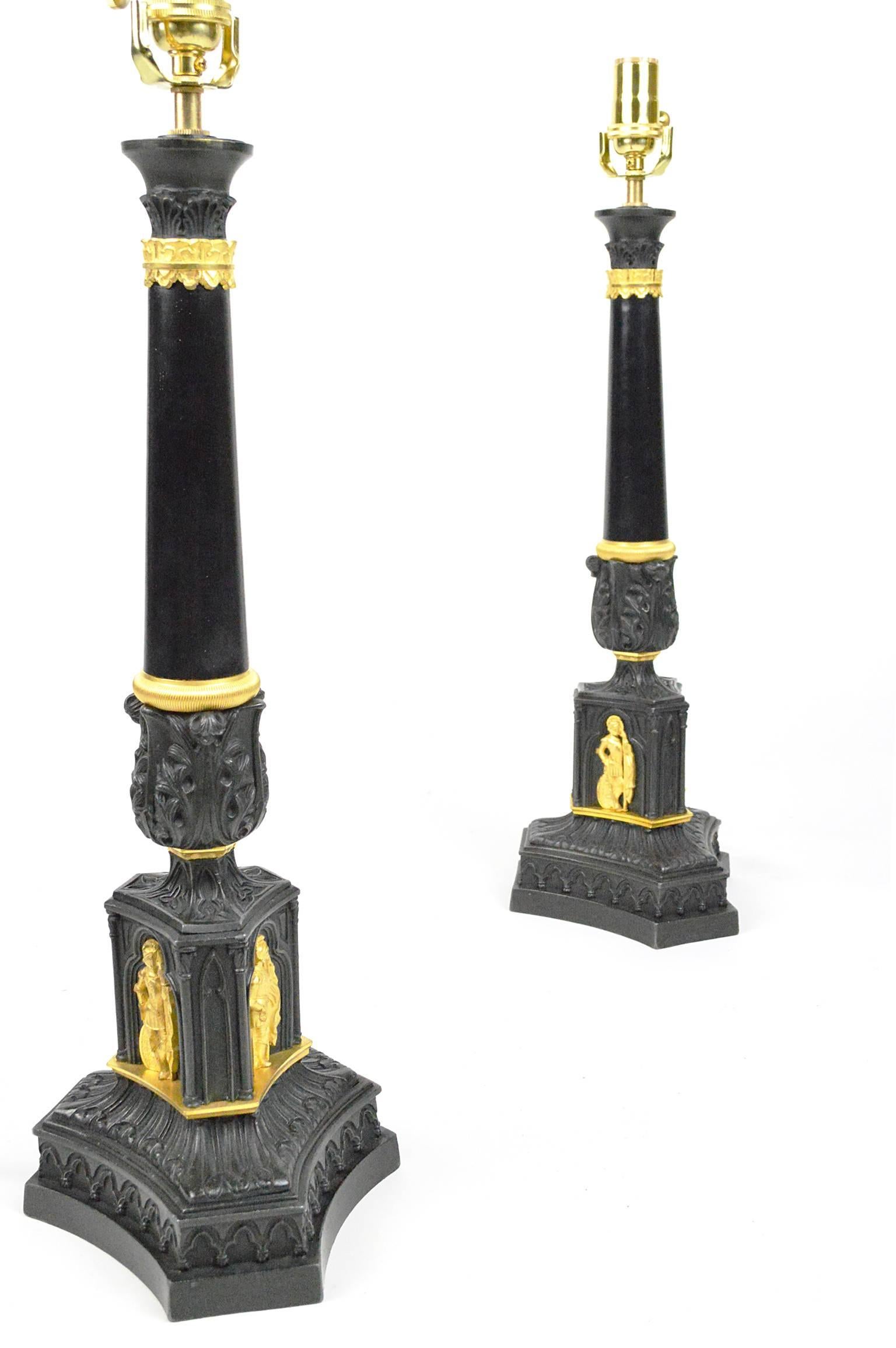 Pair of French Empire Gilt Bronze Mounted Lamps In Good Condition For Sale In Atlanta, GA