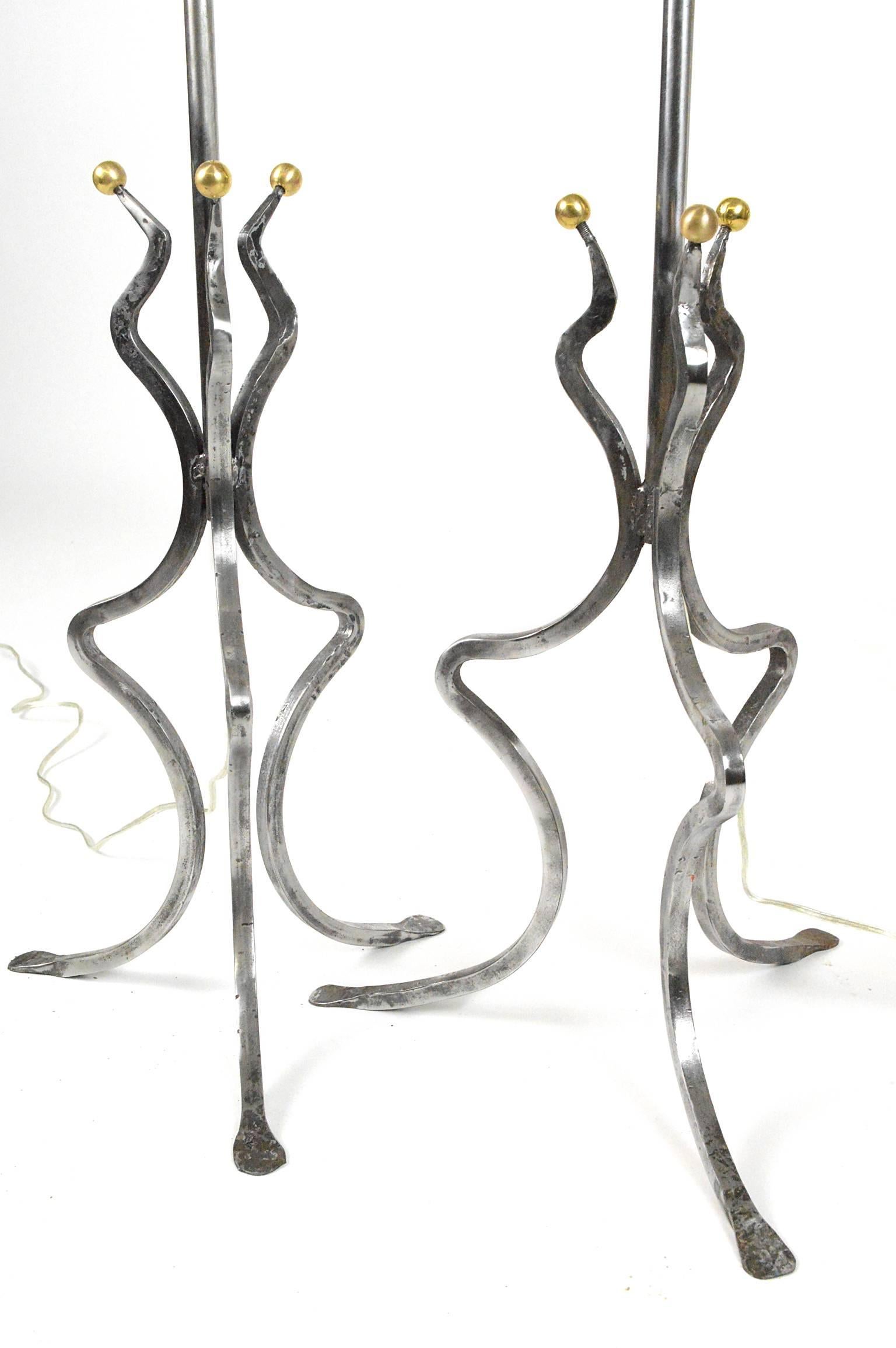 20th Century Pair Mid-Century Steel Polished and Brass Floor Lamps For Sale