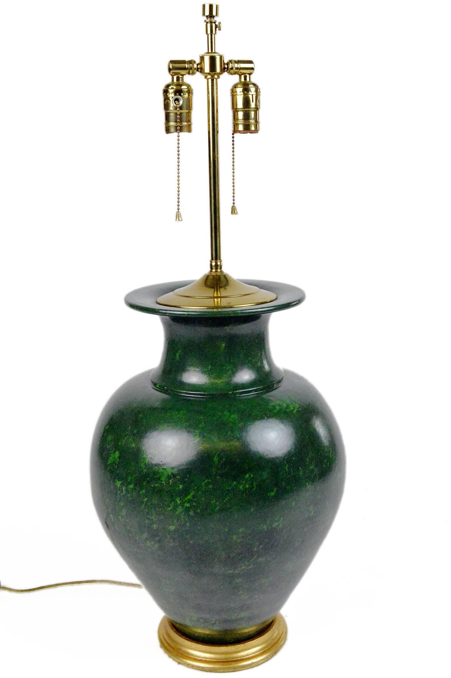 Gilt Pair of Large Green Urn Form Pottery Table Lamps