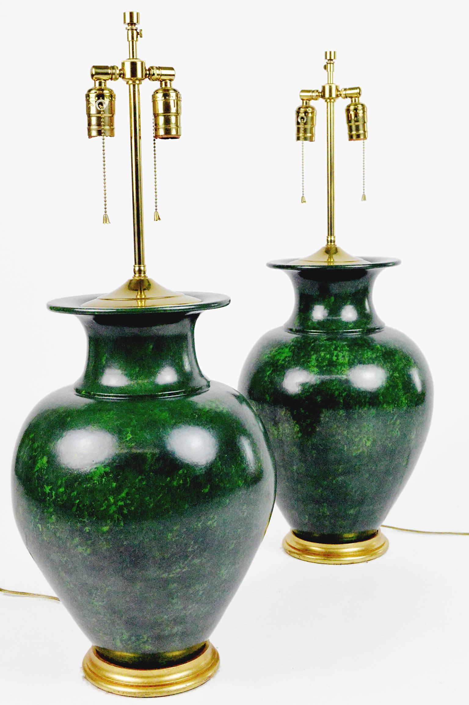 Pair of Large Green Urn Form Pottery Table Lamps 3