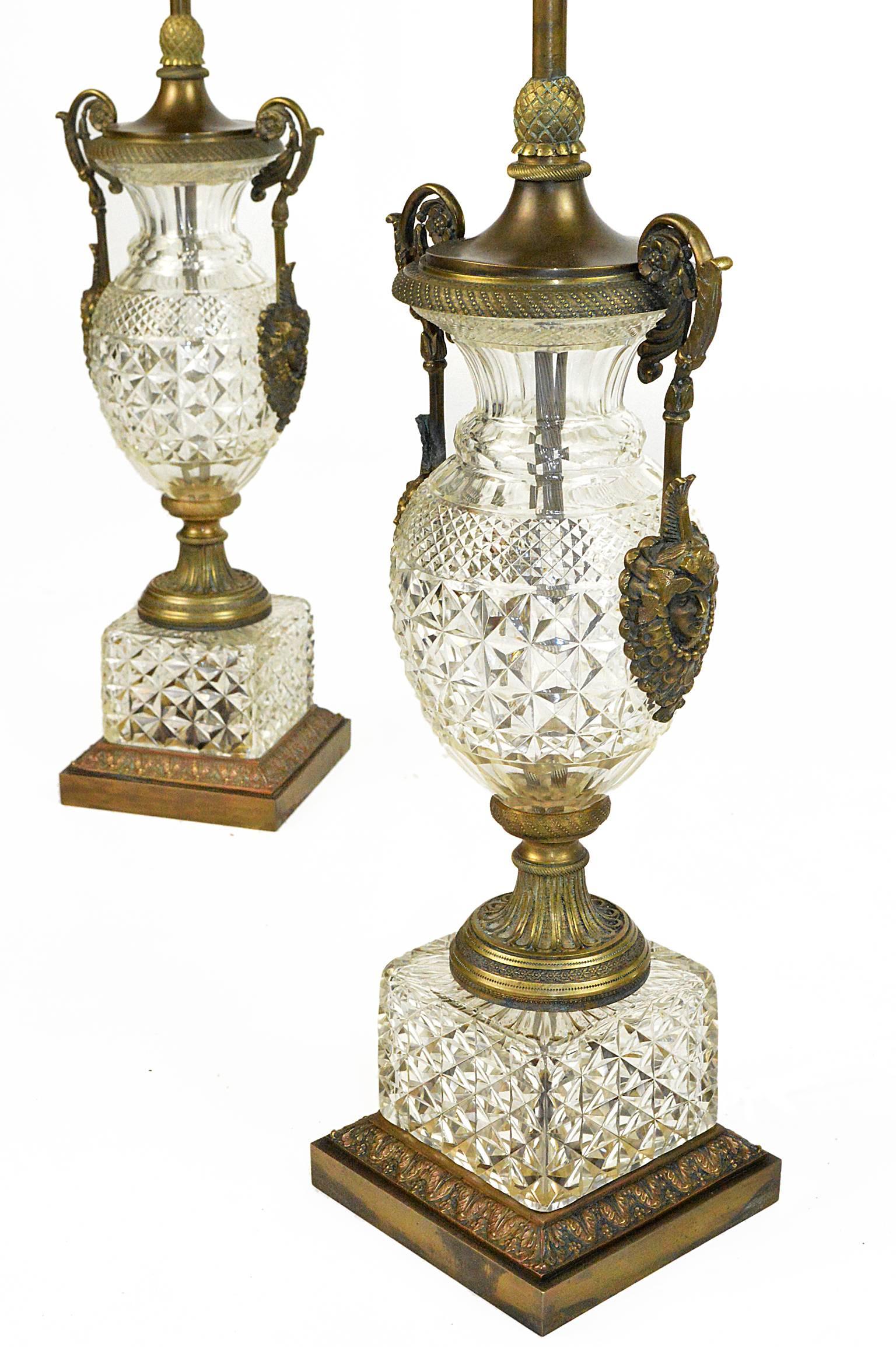 Pair of Neoclassical Style  Cut Crystal and Bronze Table Lamps.