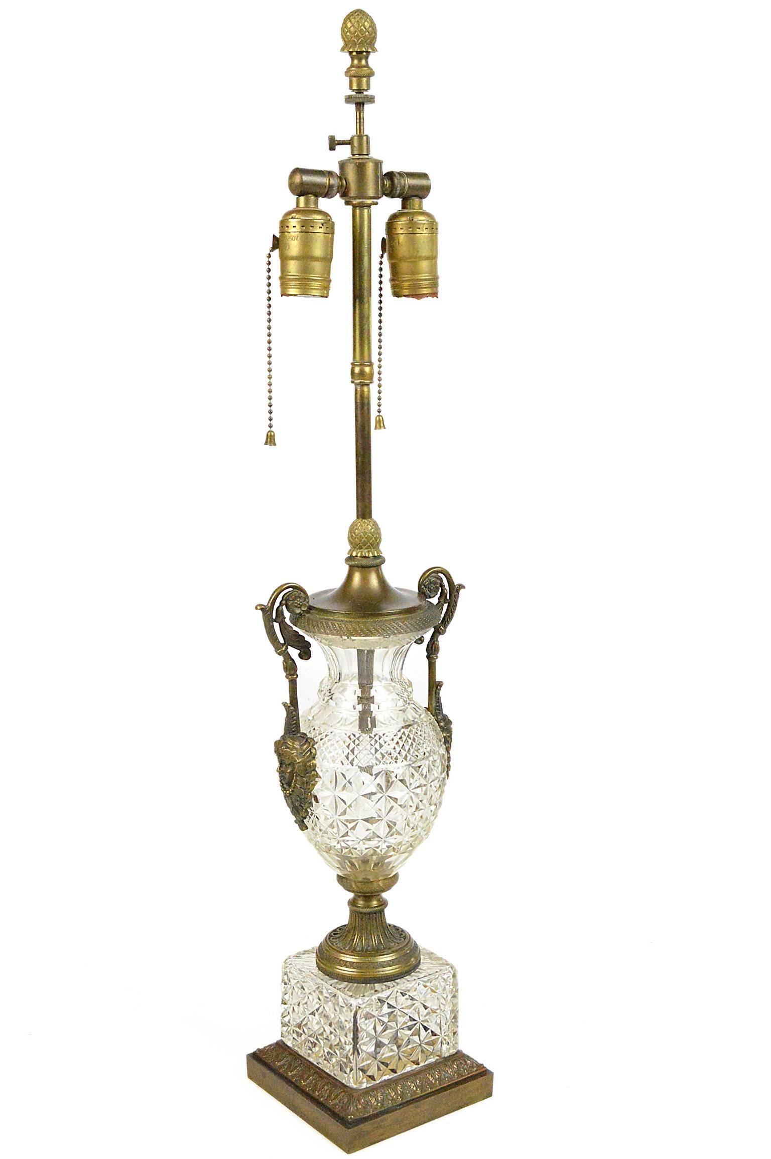 French Pair of Neoclassical Style Crystal and Bronze Table Lamps