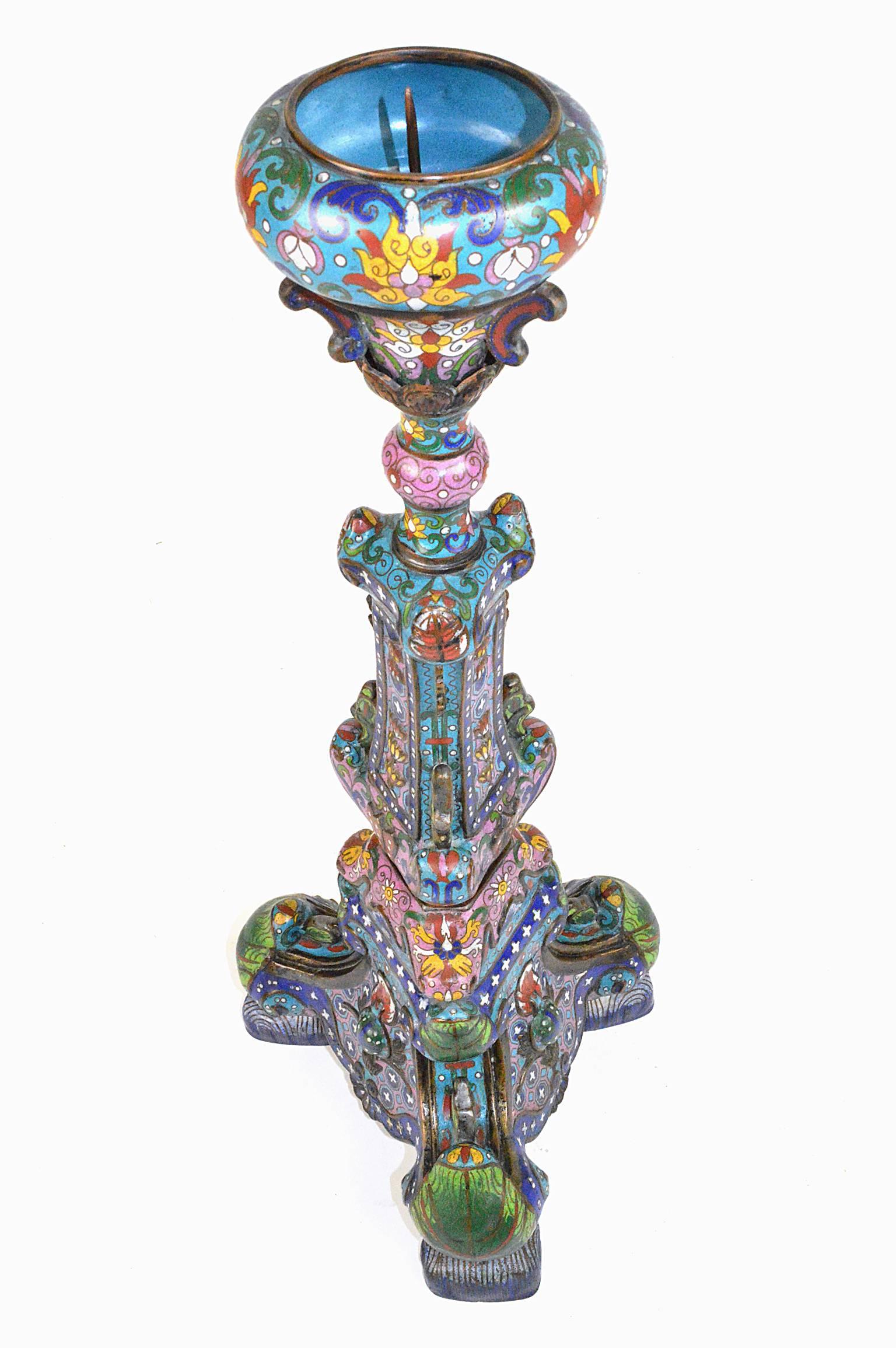 Pair of Chinese Cloisonné Temple Candlesticks 3