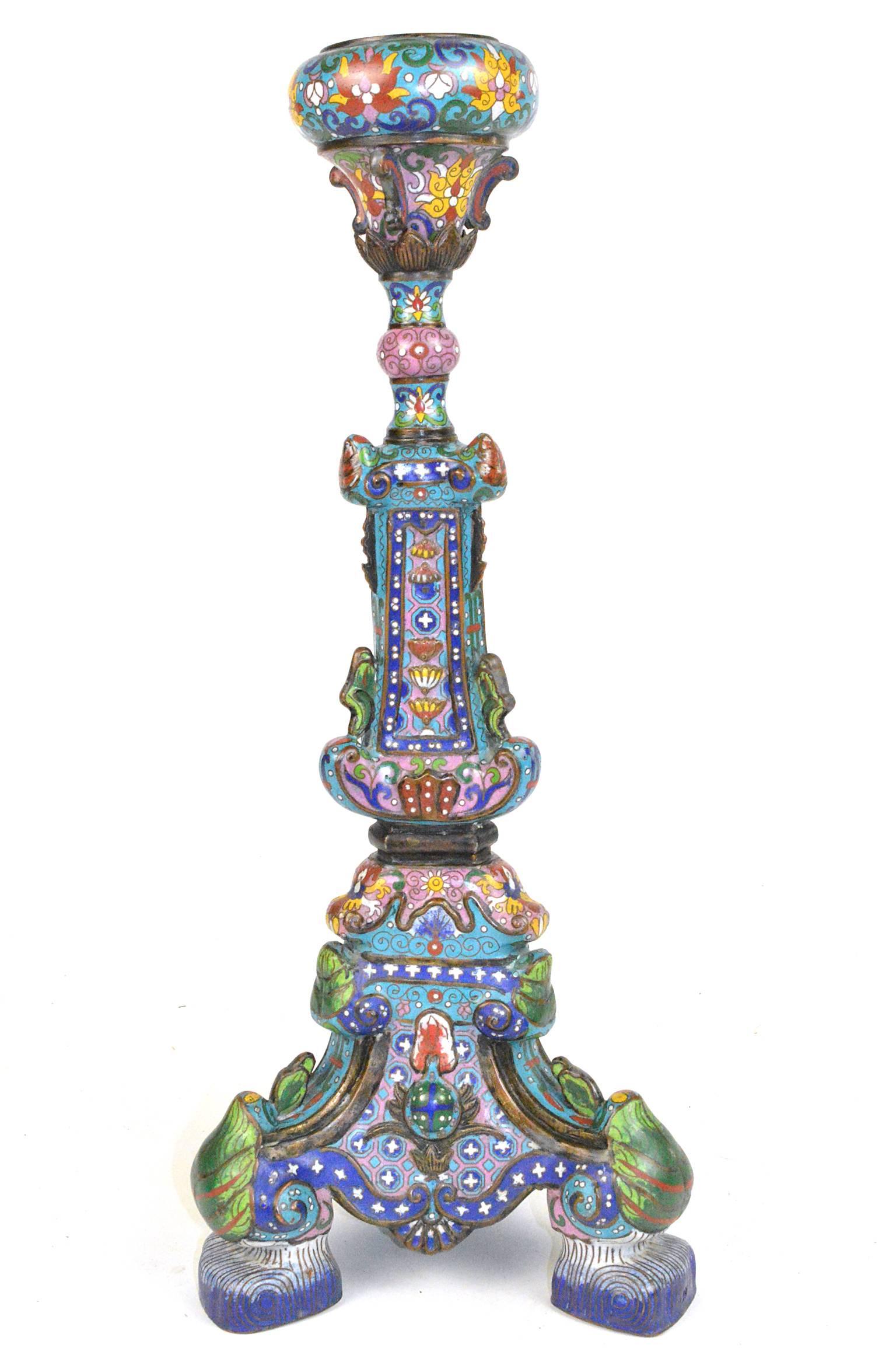 Chinese Export Pair of Chinese Cloisonné Temple Candlesticks