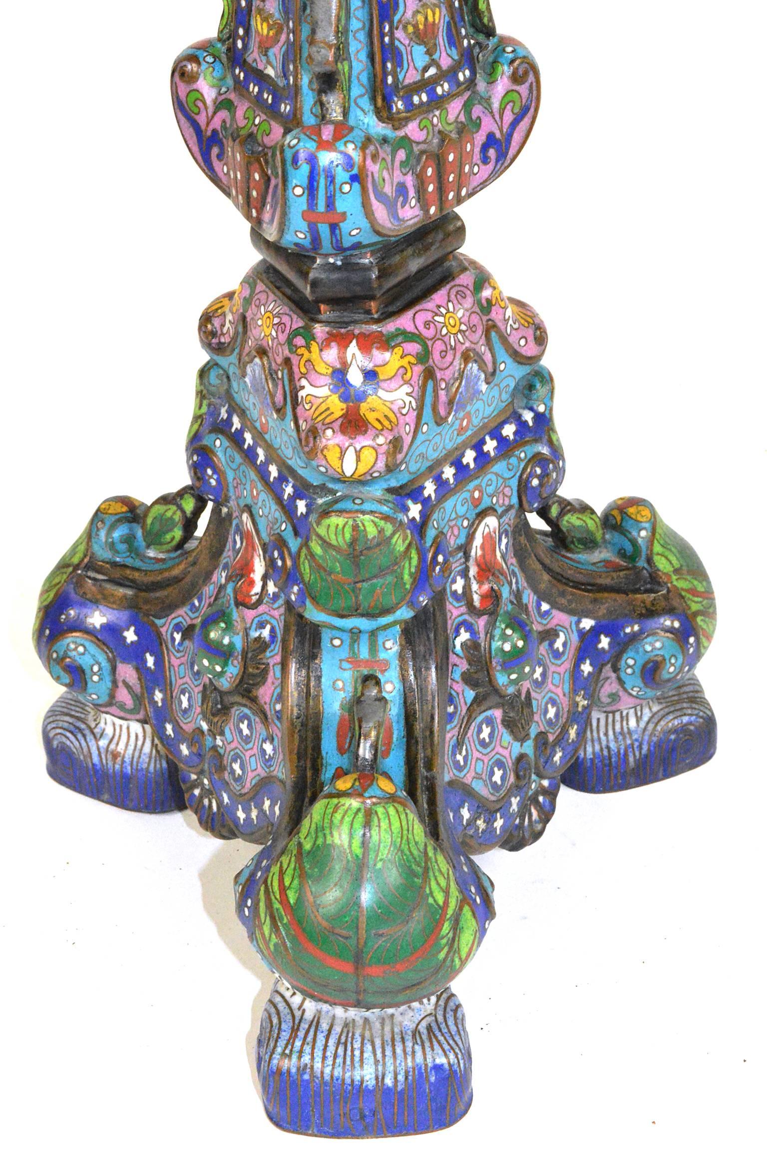 Enameled Pair of Chinese Cloisonné Temple Candlesticks