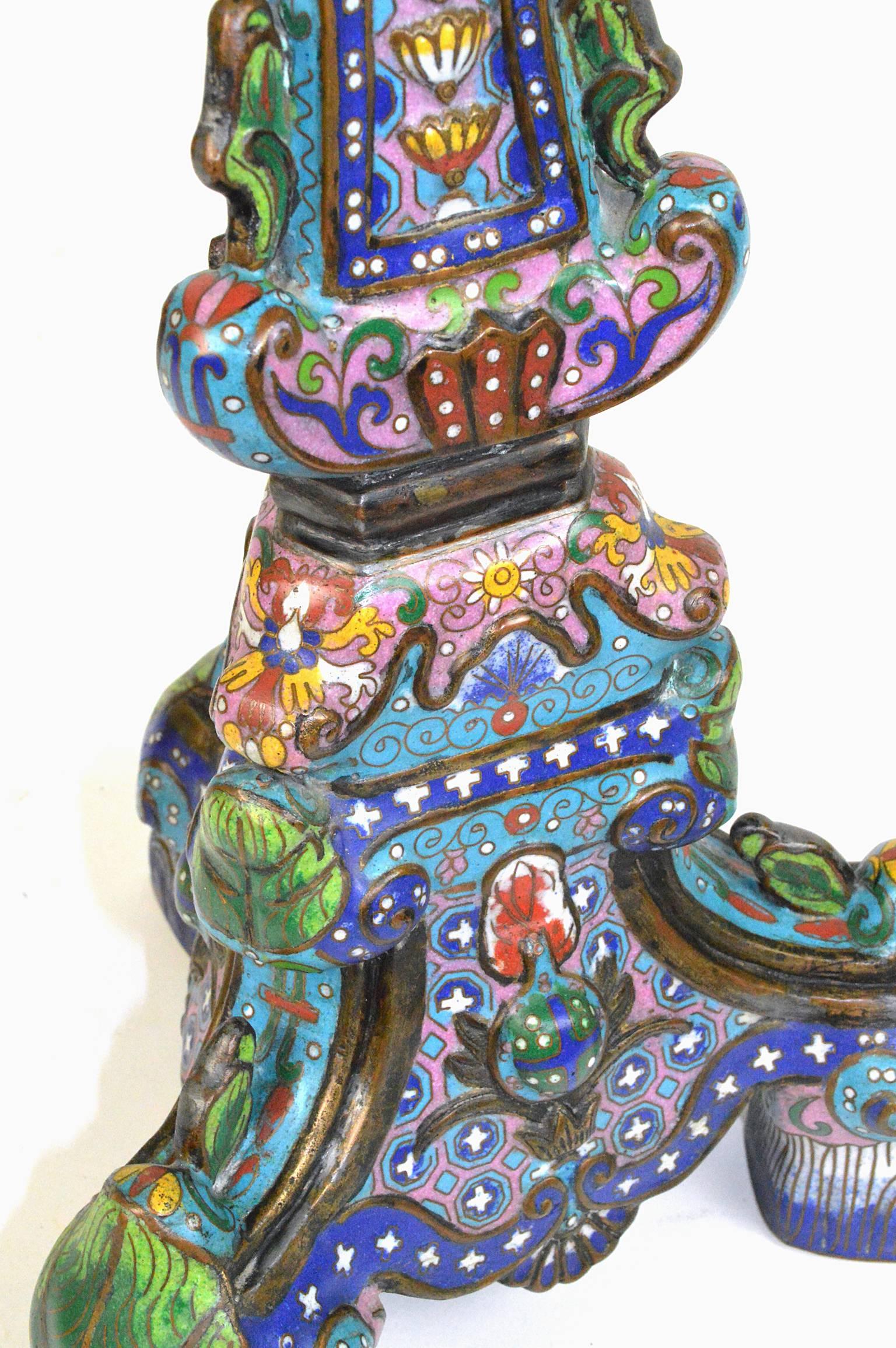 Pair of Chinese Cloisonné Temple Candlesticks In Good Condition In Atlanta, GA