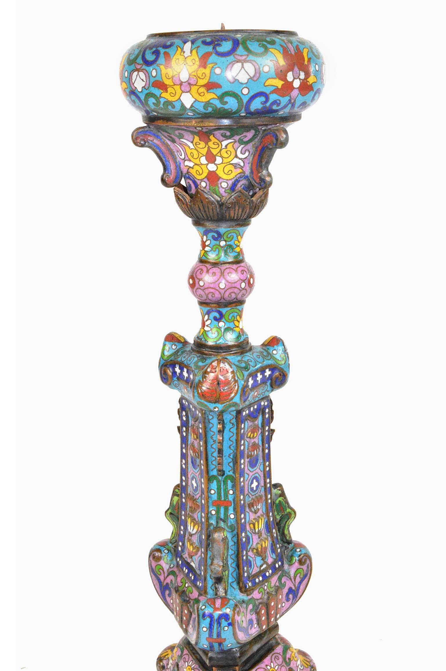 20th Century Pair of Chinese Cloisonné Temple Candlesticks