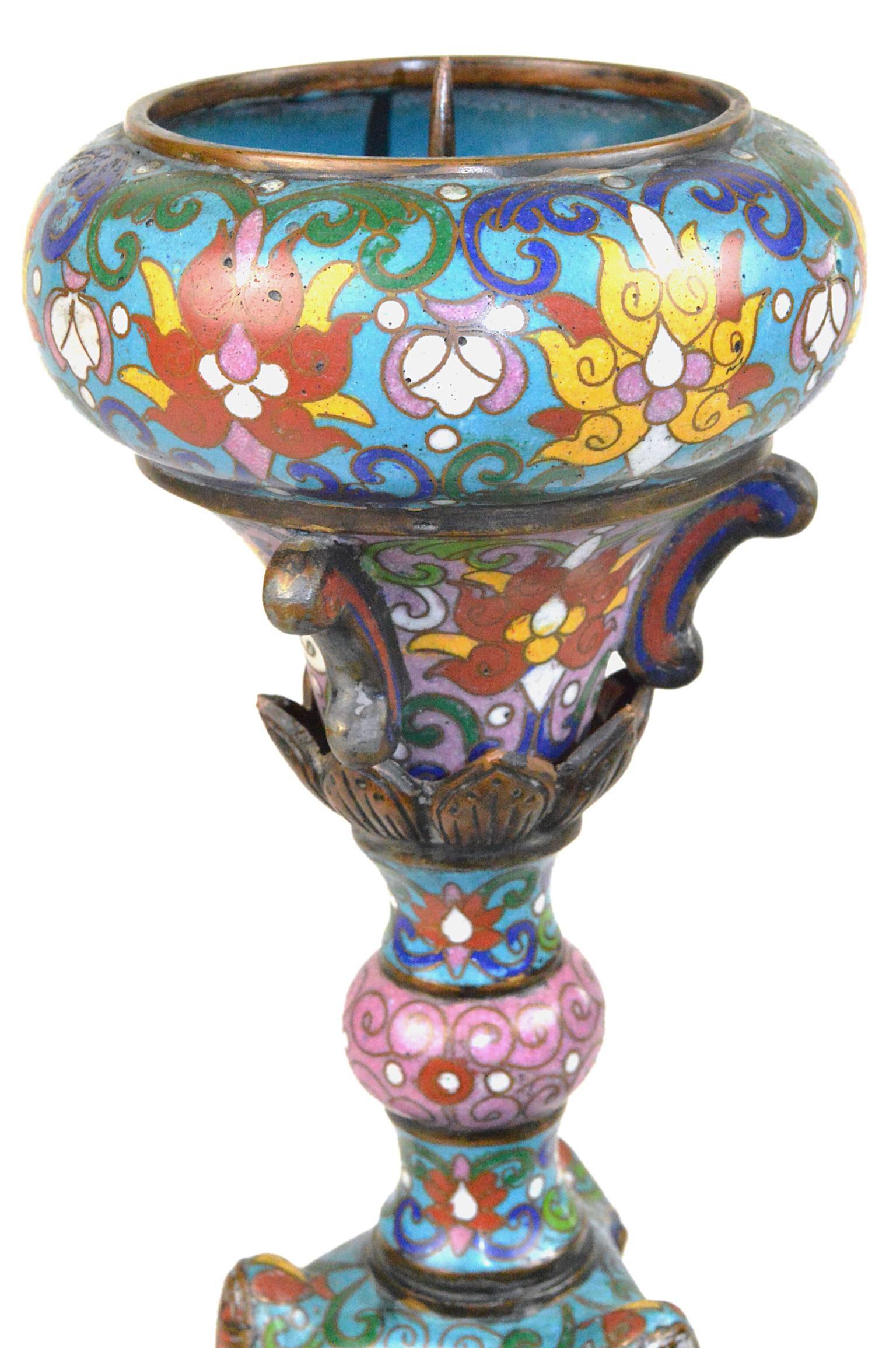 Metal Pair of Chinese Cloisonné Temple Candlesticks