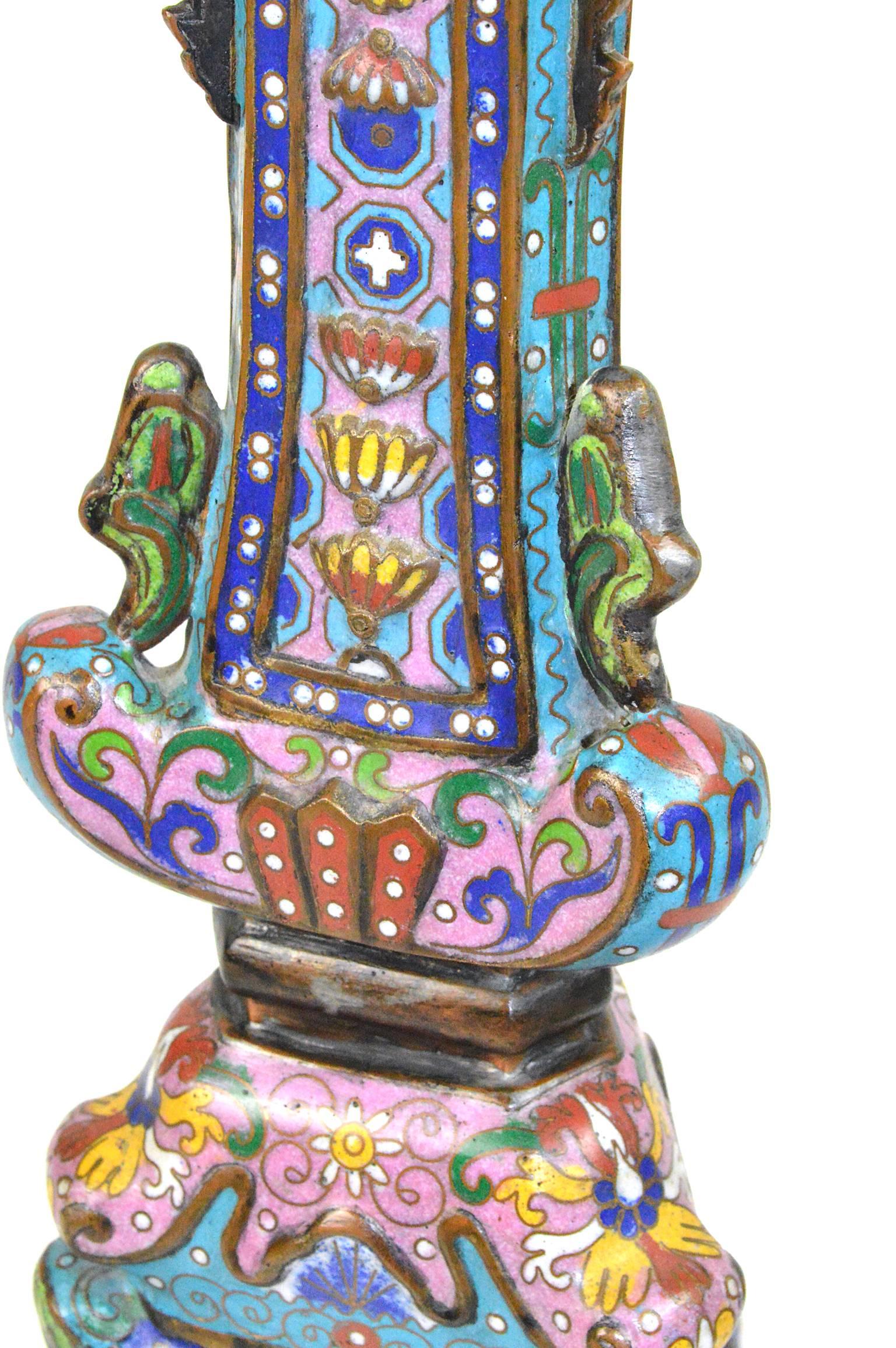 Pair of Chinese Cloisonné Temple Candlesticks 1