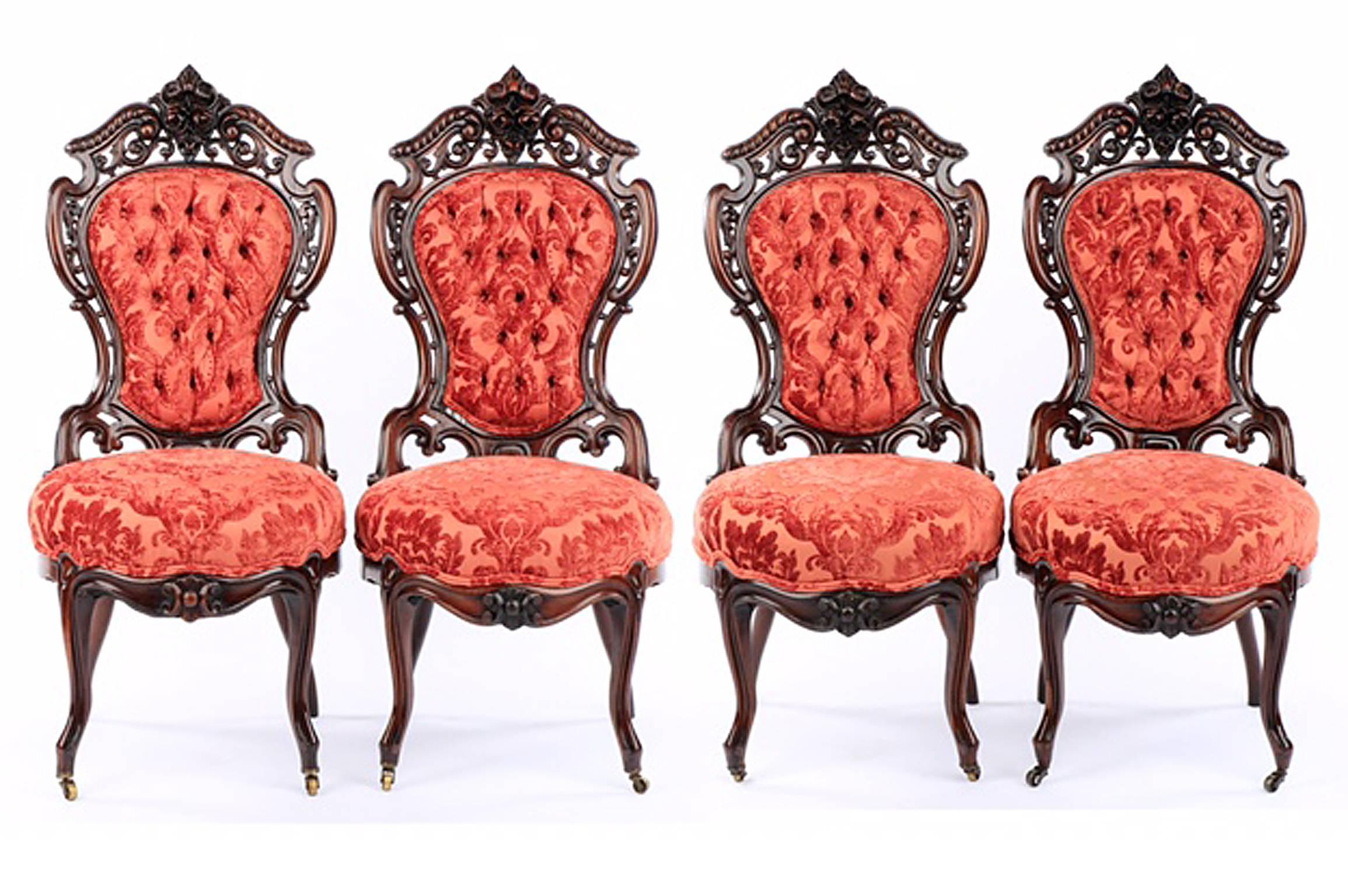 J. & J. W. Meeks (American (New York), 1797-1869), circa 1860. A nine-piece parlor set in the Stanton Hall Pattern comprising six chairs (two arm, four side), one settee and two recamiers, each piece decorated with high relief carving, crests with