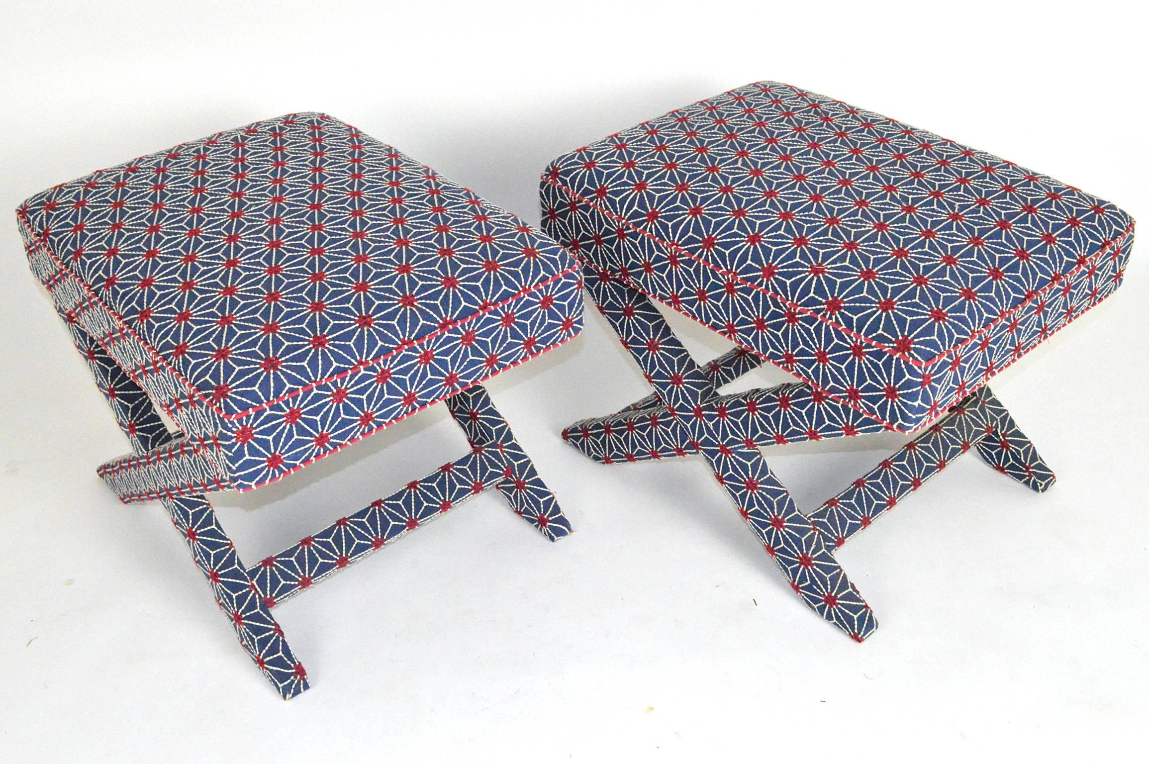 Pair of Upholstered X-Form Stools For Sale 4