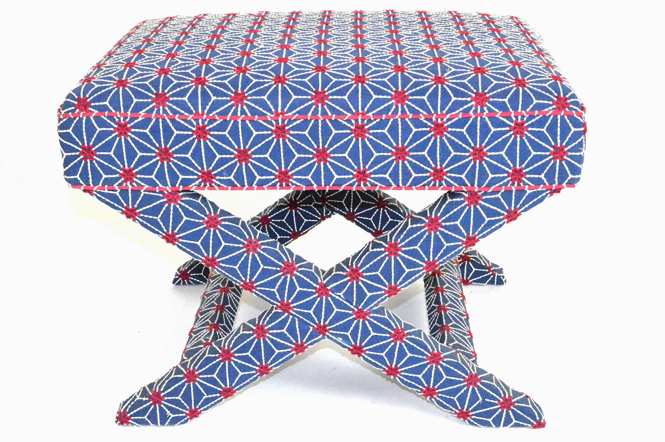 American Pair of Upholstered X-Form Stools For Sale