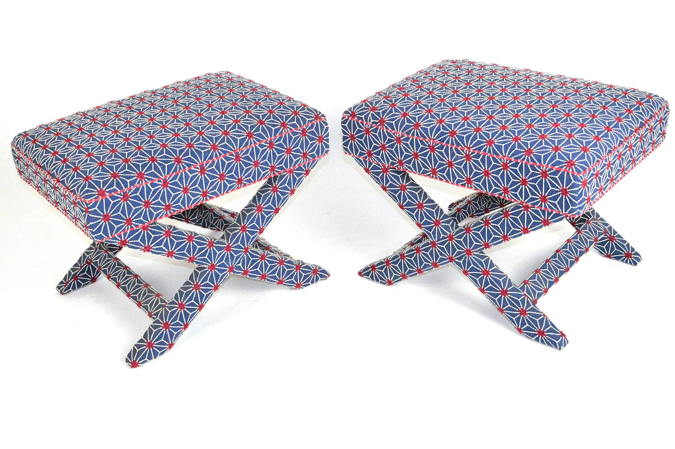 20th Century Pair of Upholstered X-Form Stools For Sale