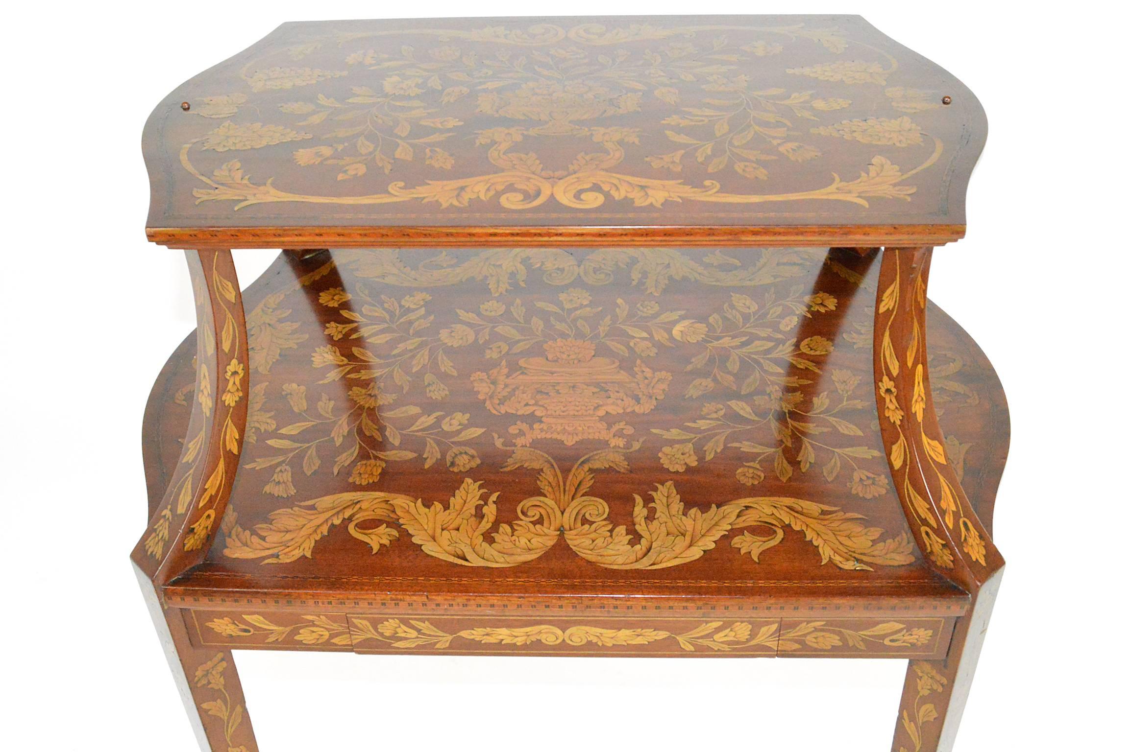 Dutch Marquetry Style Two-Tiered Tea Table In Good Condition For Sale In Atlanta, GA