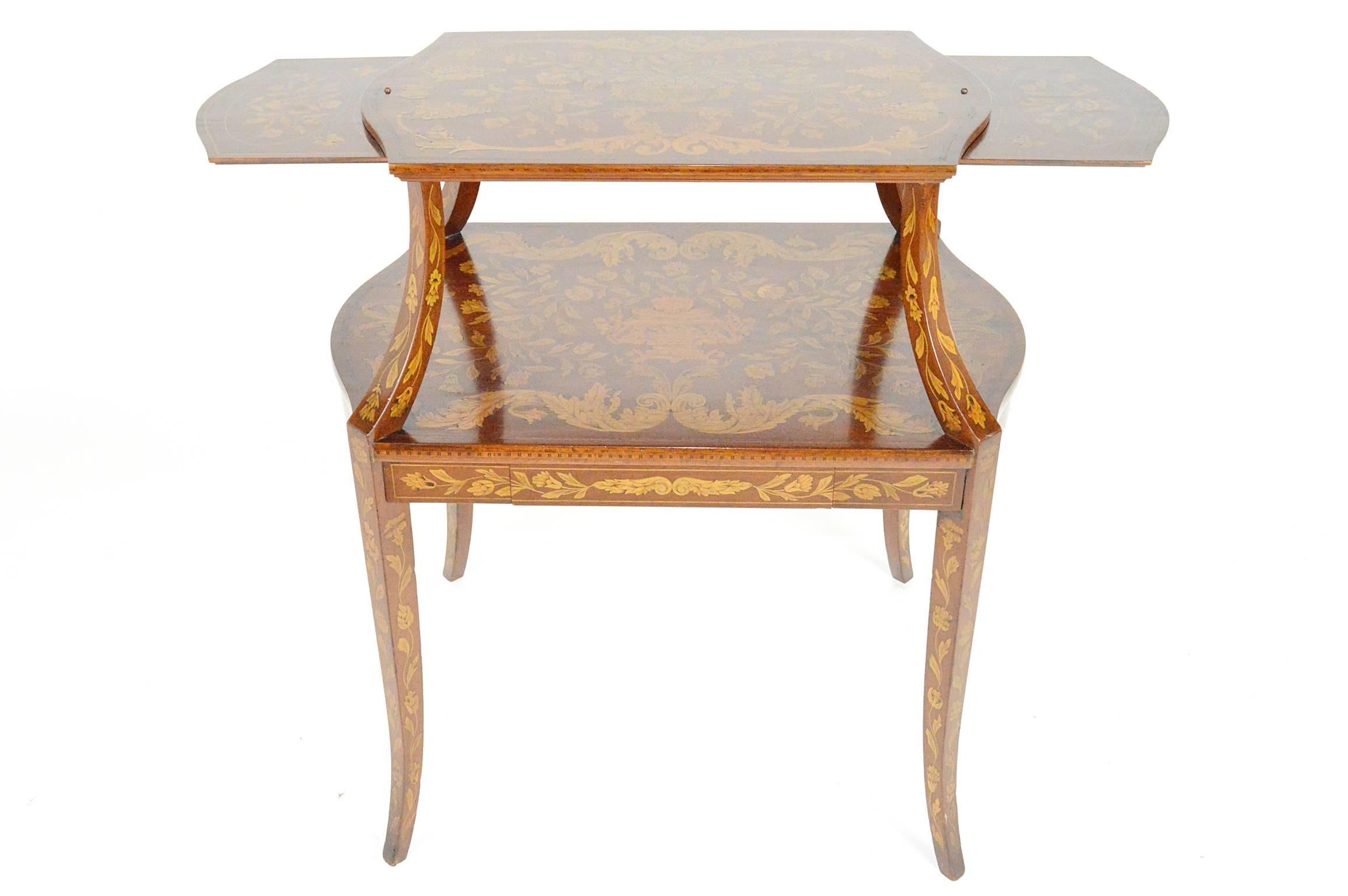 20th Century Dutch Marquetry Style Two-Tiered Tea Table For Sale