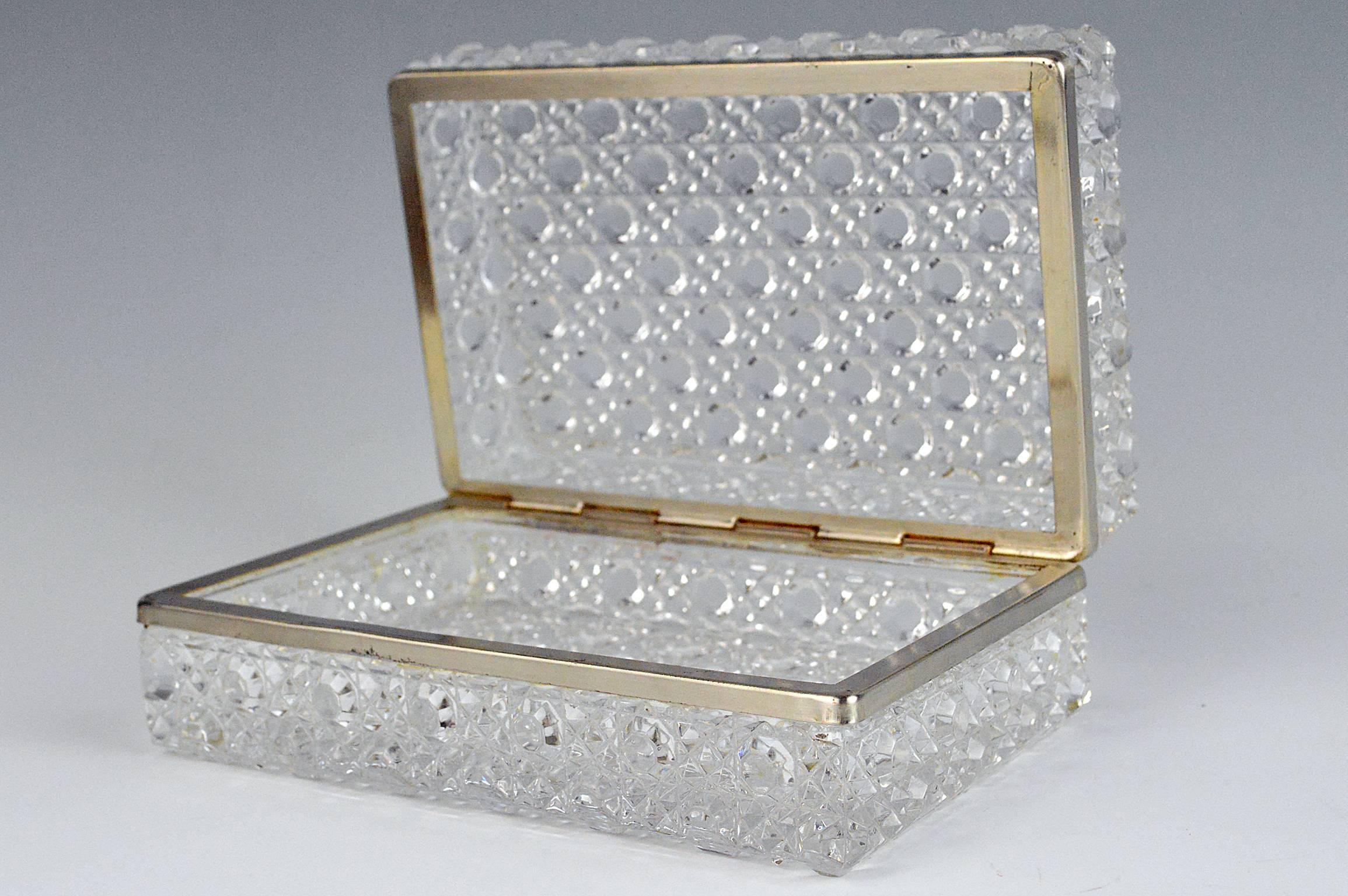 Midcentury Glass Box with beveled cube pattern and nickel plated brass hinged rim, 