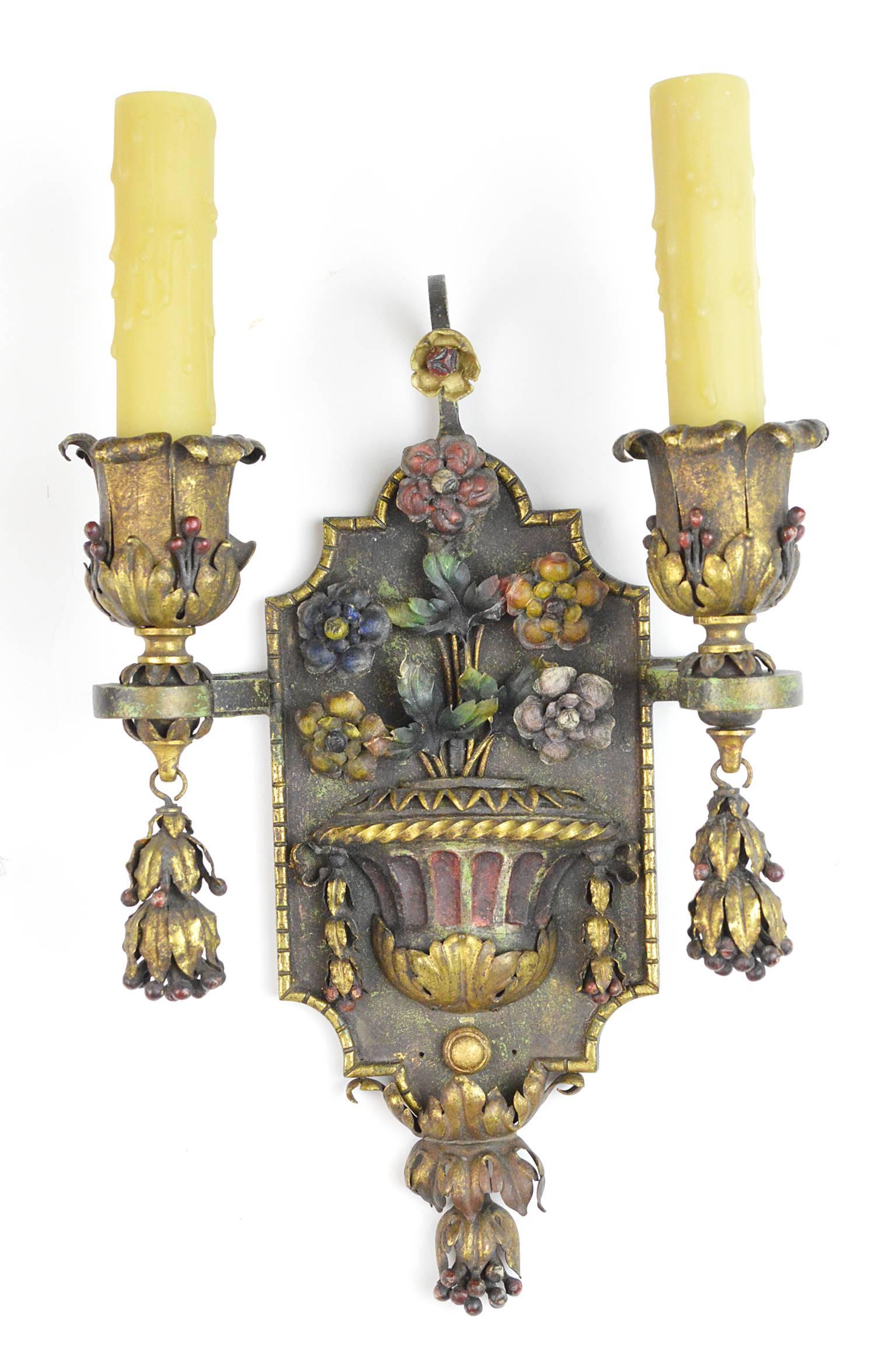 Neoclassical Pair of Painted and Gilt Iron Two-Arm Wall Light Sconces For Sale