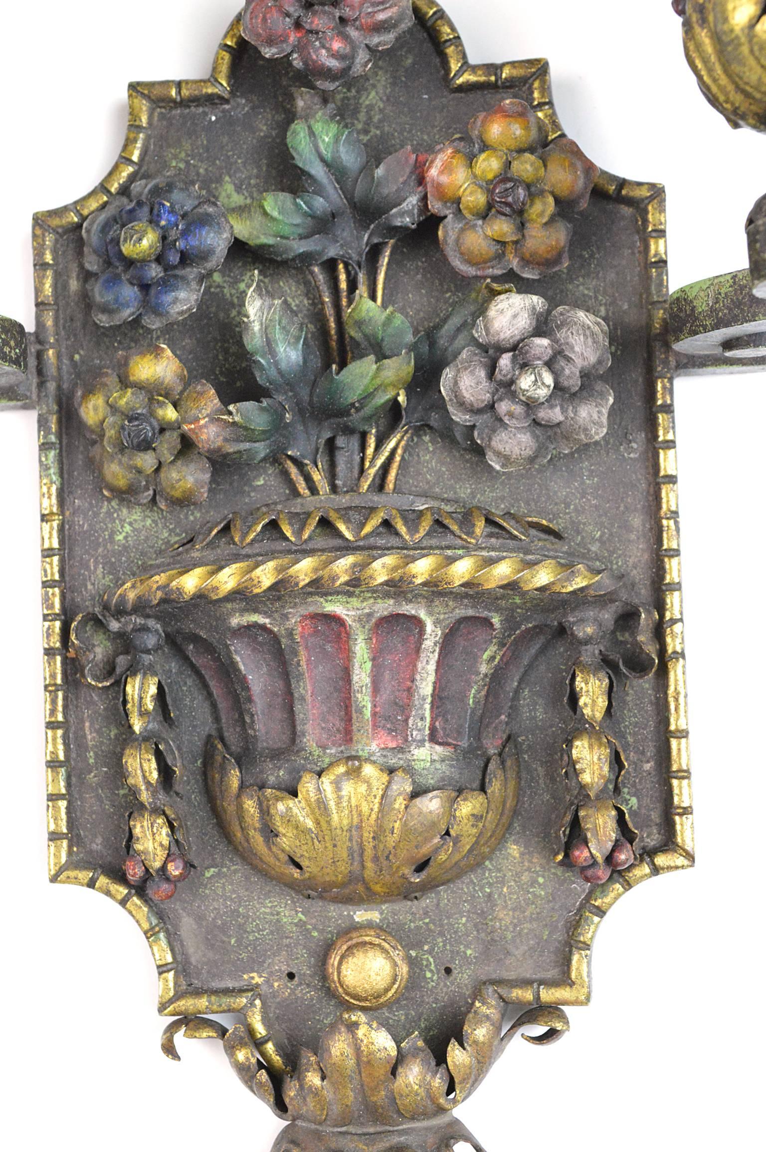 French Pair of Painted and Gilt Iron Two-Arm Wall Light Sconces For Sale