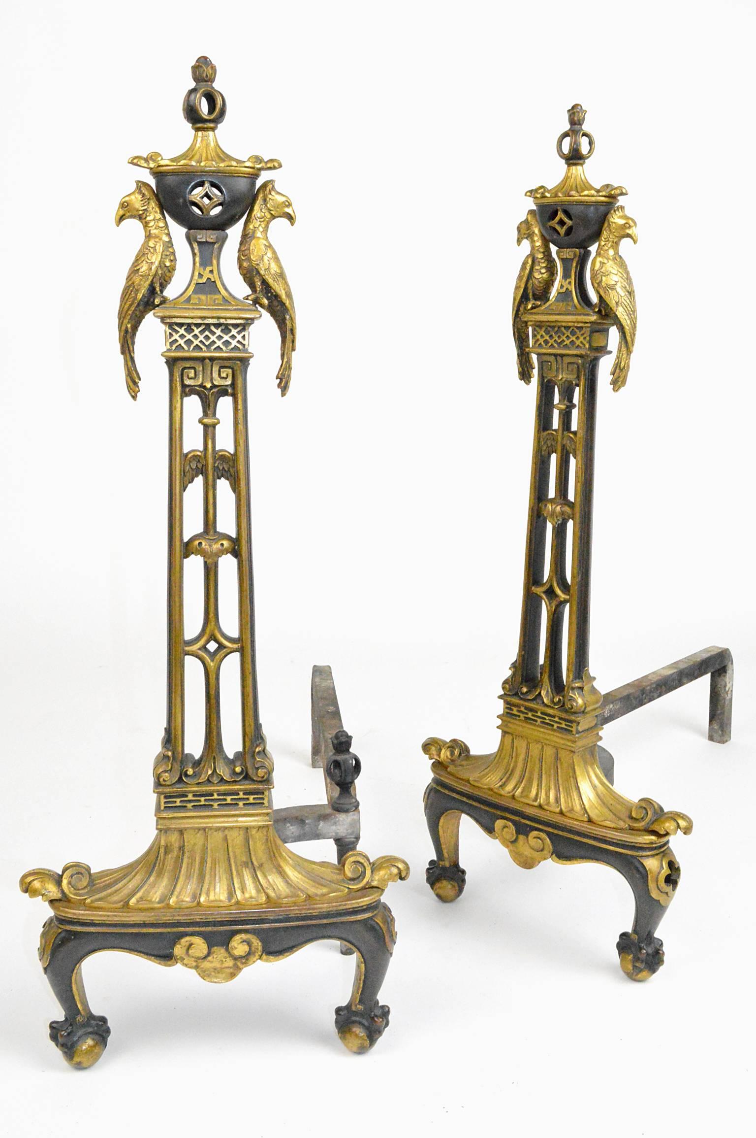 American Pair of Chinese Chippendale Style Gilt and Patinated Bronze Andirons