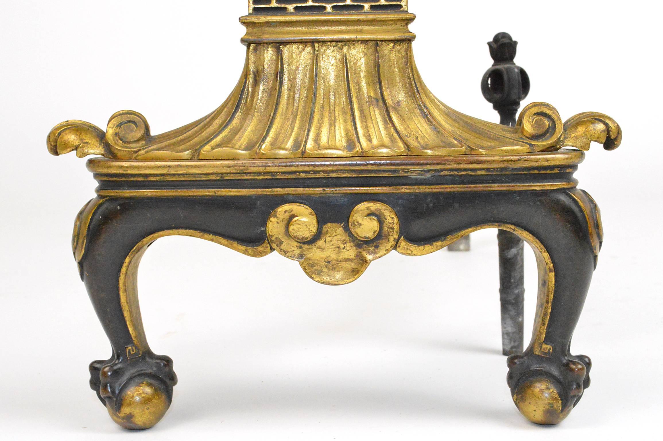 Pair of Chinese Chippendale Style Gilt and Patinated Bronze Andirons 1