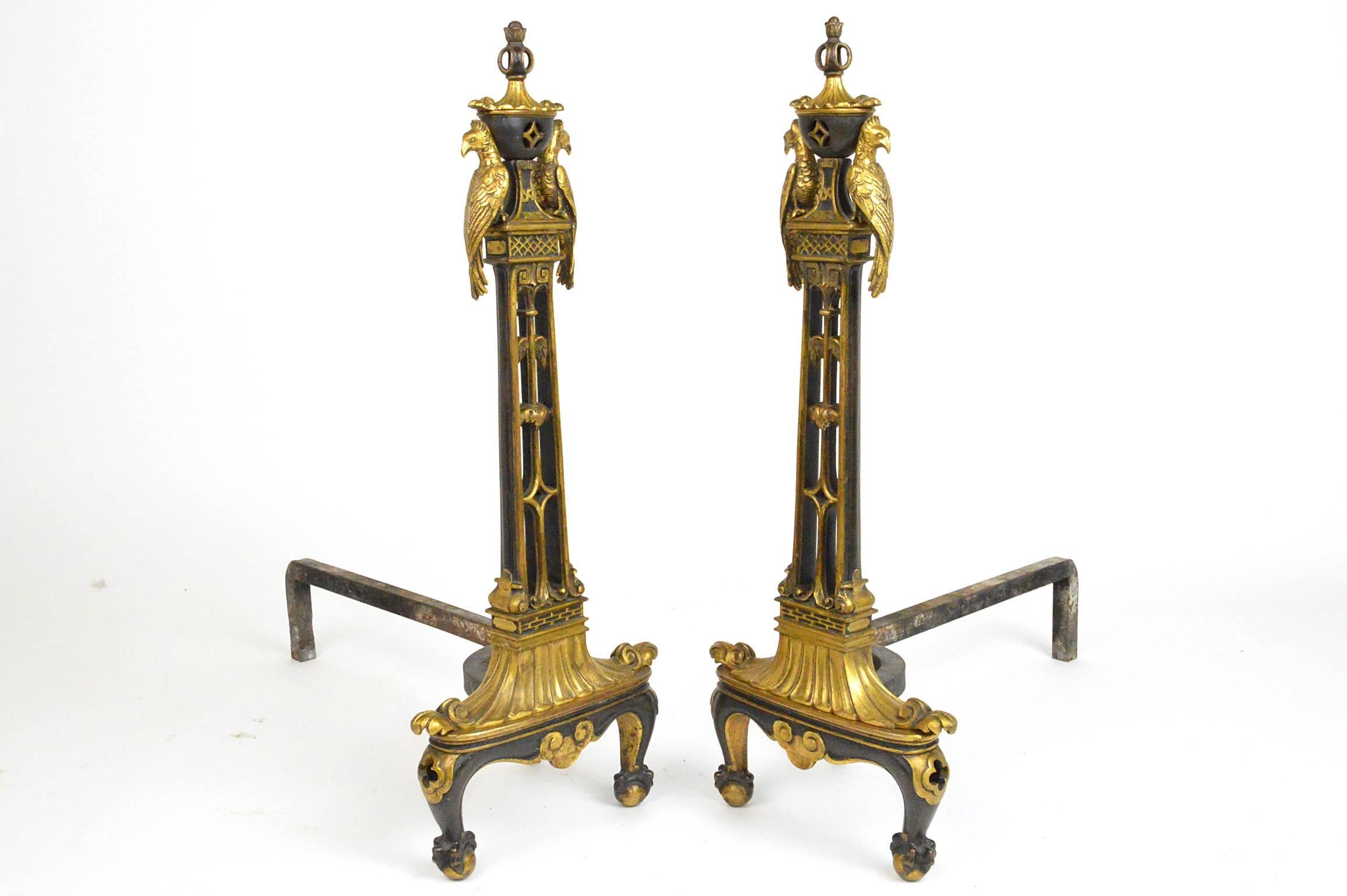 Pair of Chinese Chippendale Style Gilt and Patinated Bronze Andirons 4