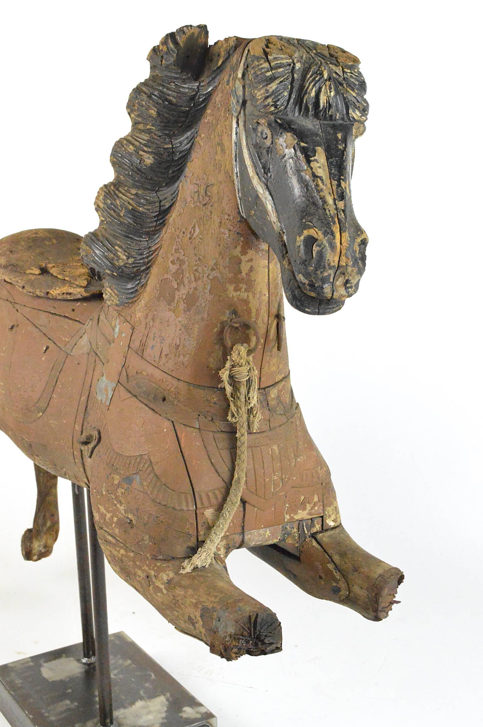 Folk Art Late 19th Century Carved Wood Carousel Horse Fragment For Sale
