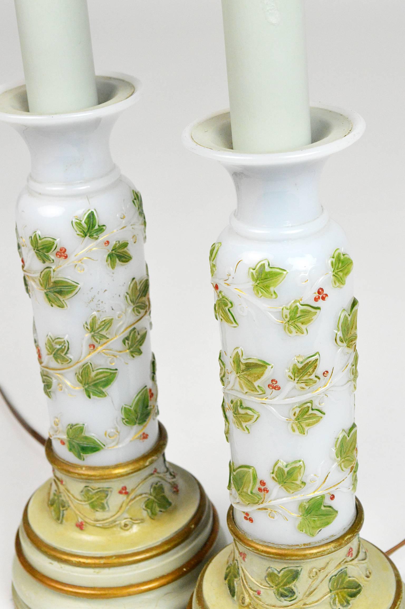 Pair of French Opaline Glass Table Lamps with Hand-Painted Foliage For Sale 2