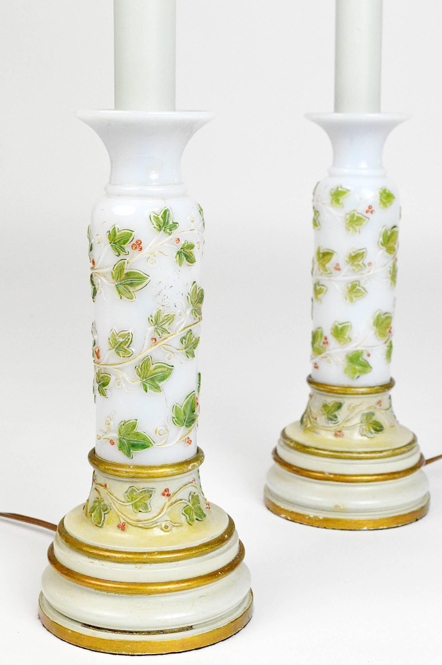 Pair of French Opaline Glass Table Lamps with Hand-Painted Foliage For Sale 4