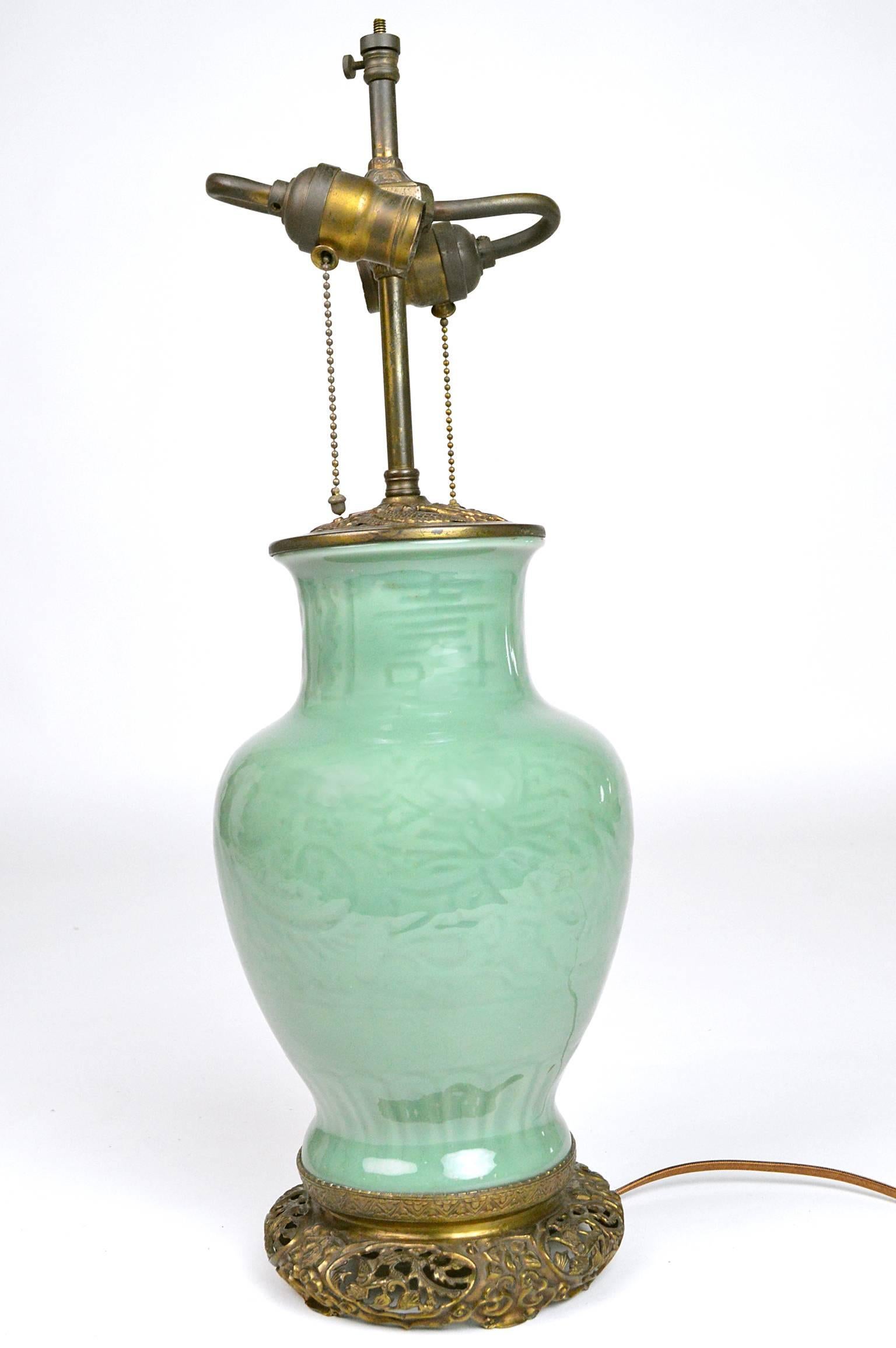 Chinese Export Pair of Chinese Celadon Porcelain Lamps