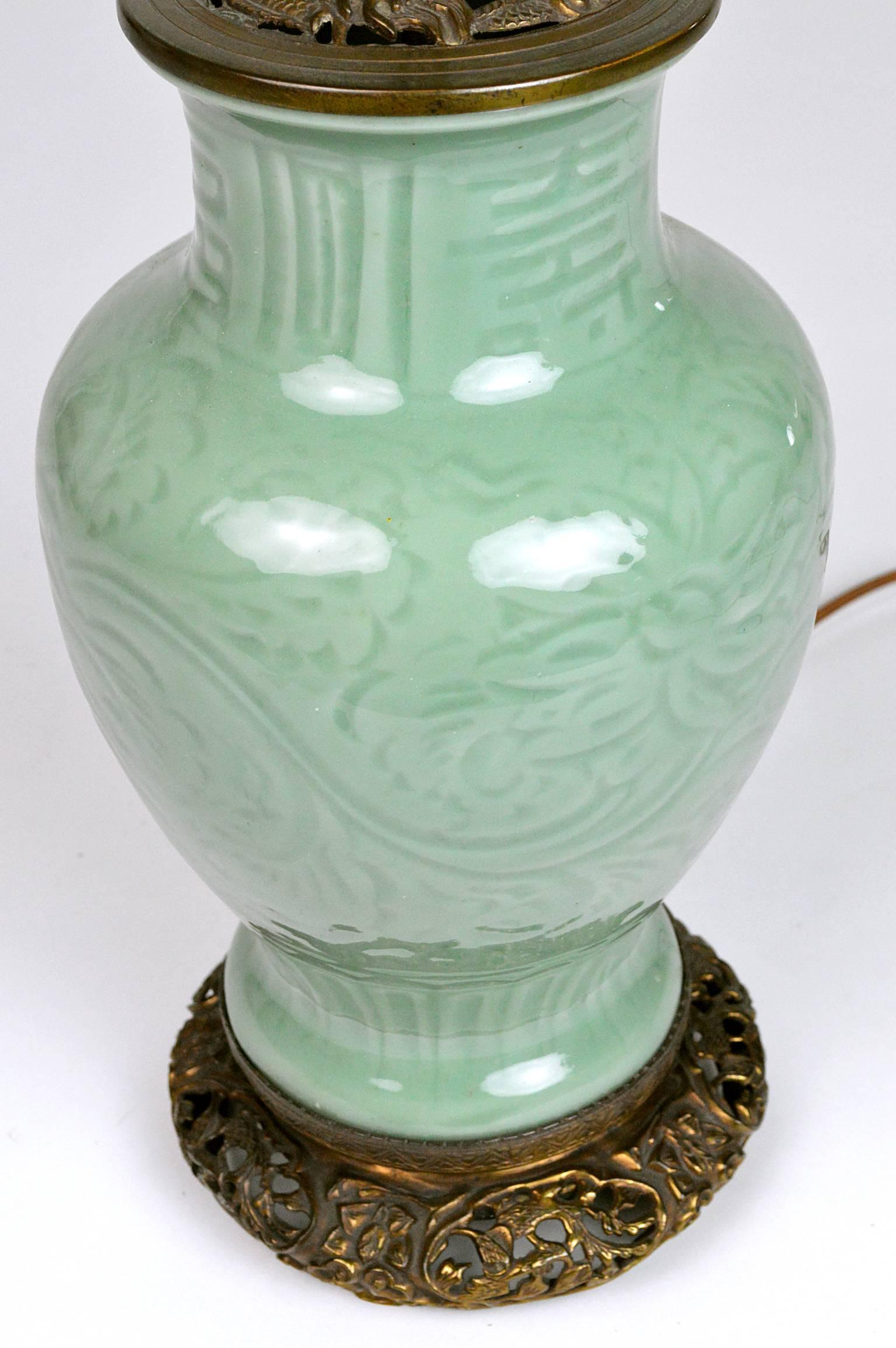 Pair of Chinese Celadon Porcelain Lamps In Good Condition In Atlanta, GA
