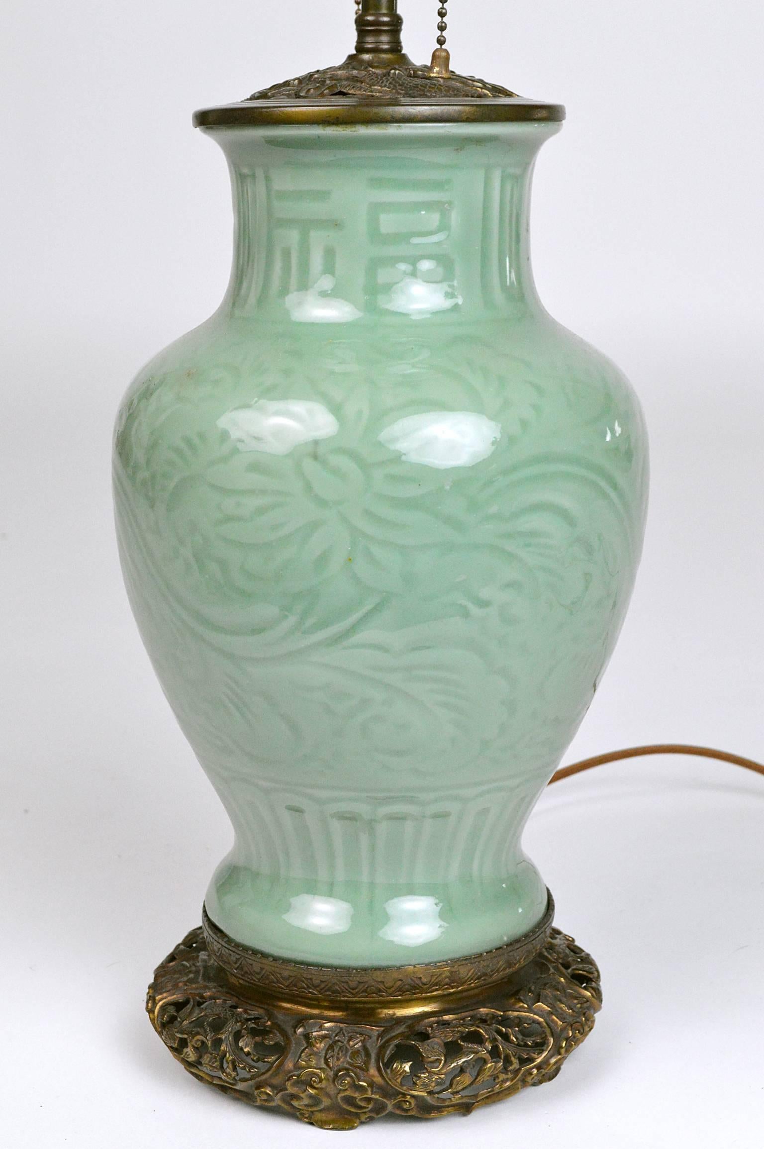 Pair of Chinese Celadon Porcelain Lamps 4