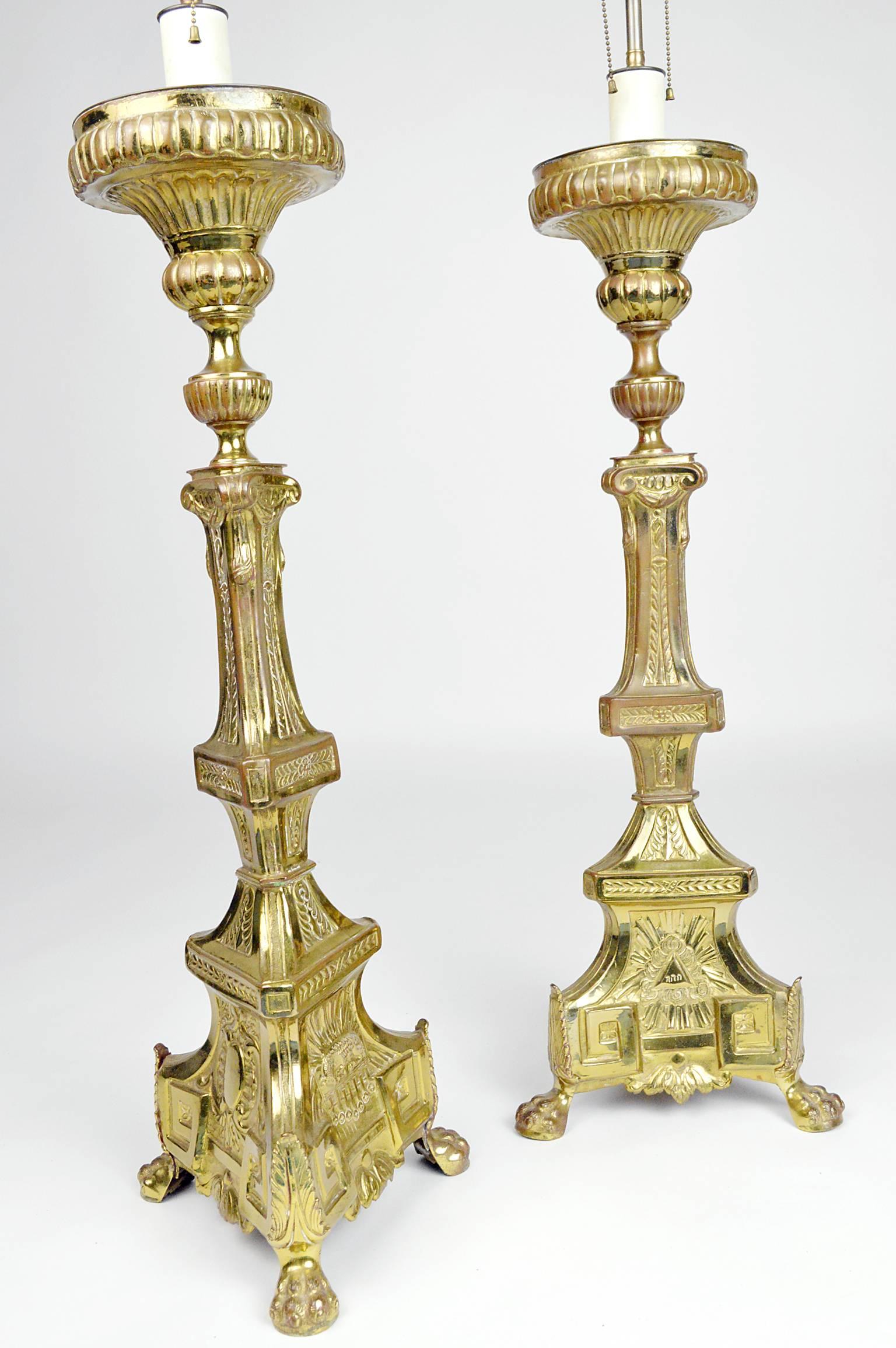 Pair of Renaissance style brass pricket candlestick table lamps on tripartite bases 39