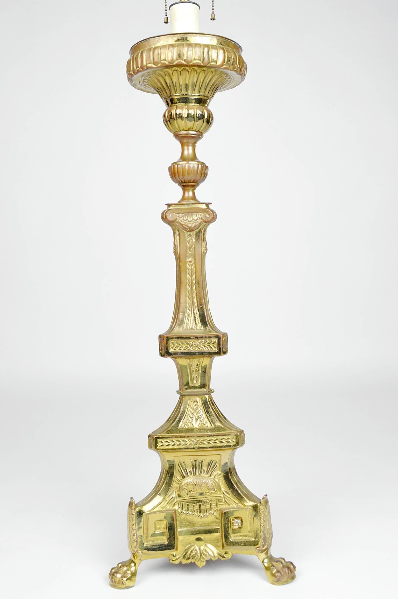French Pair of Monumental Renaissance Style Brass Candlestick Table Lamps For Sale
