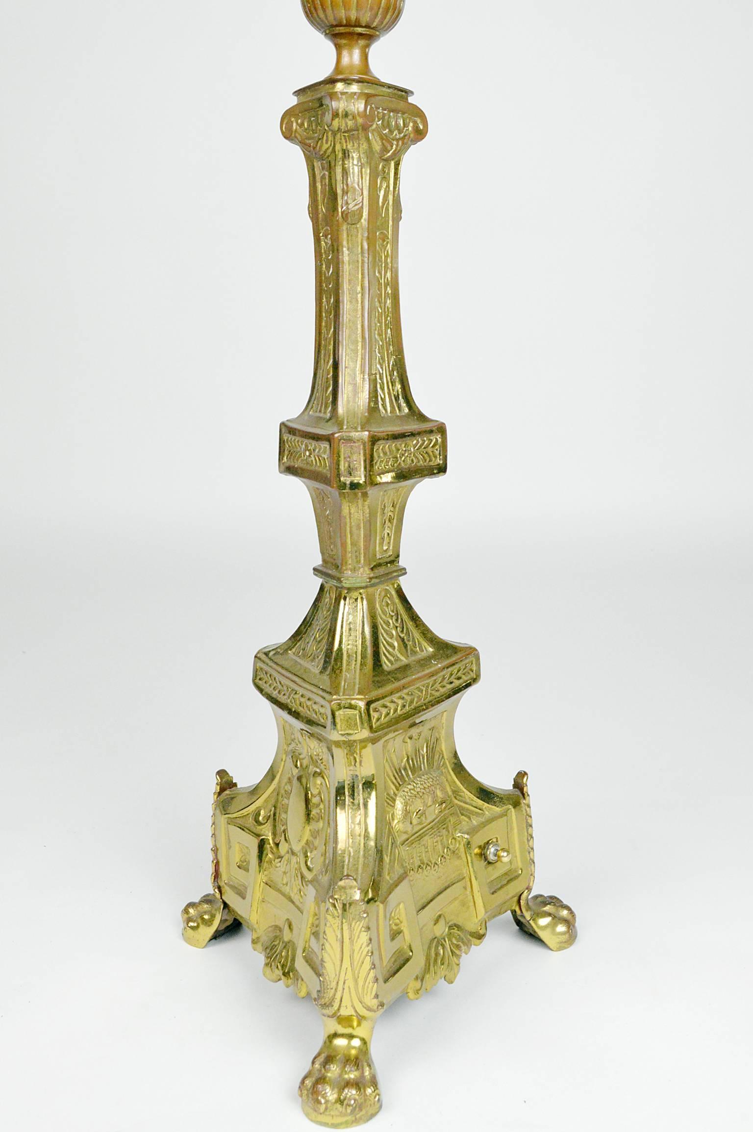19th Century Pair of Monumental Renaissance Style Brass Candlestick Table Lamps For Sale