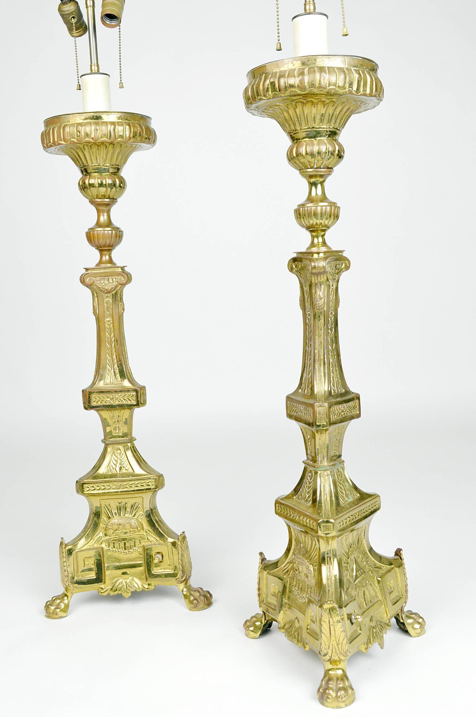 Pair of Monumental Renaissance Style Brass Candlestick Table Lamps For Sale 4