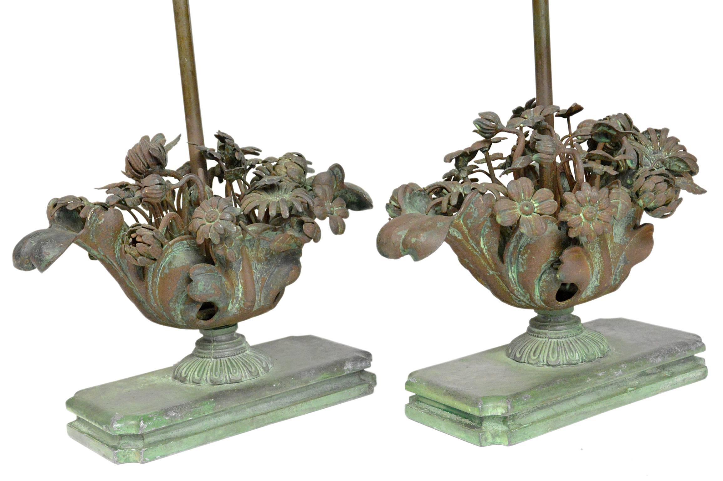 Pair of fine French floral bouquet bronze lamps. Having great detail of floral form, with a incredible rich patina. Newly wired. 16.75