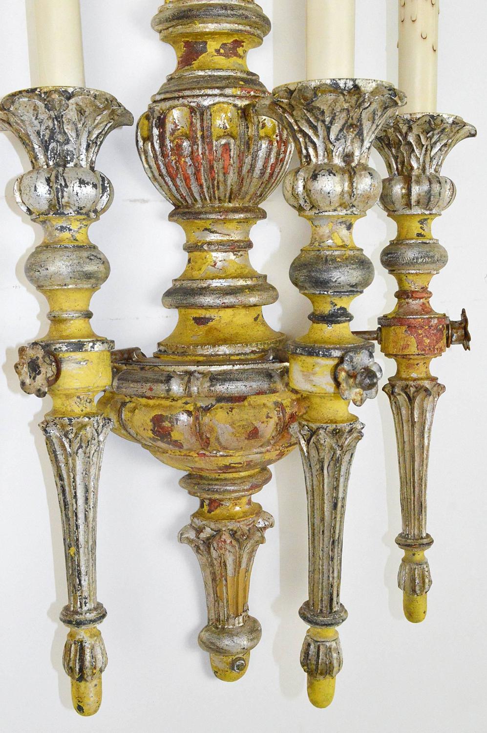 Pair of Carved Wood Italian Neoclassical Style Three-Light Wall Sconces at 1stdibs