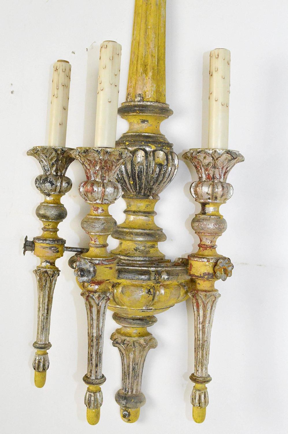 Pair of Carved Wood Italian Neoclassical Style Three-Light Wall Sconces at 1stdibs