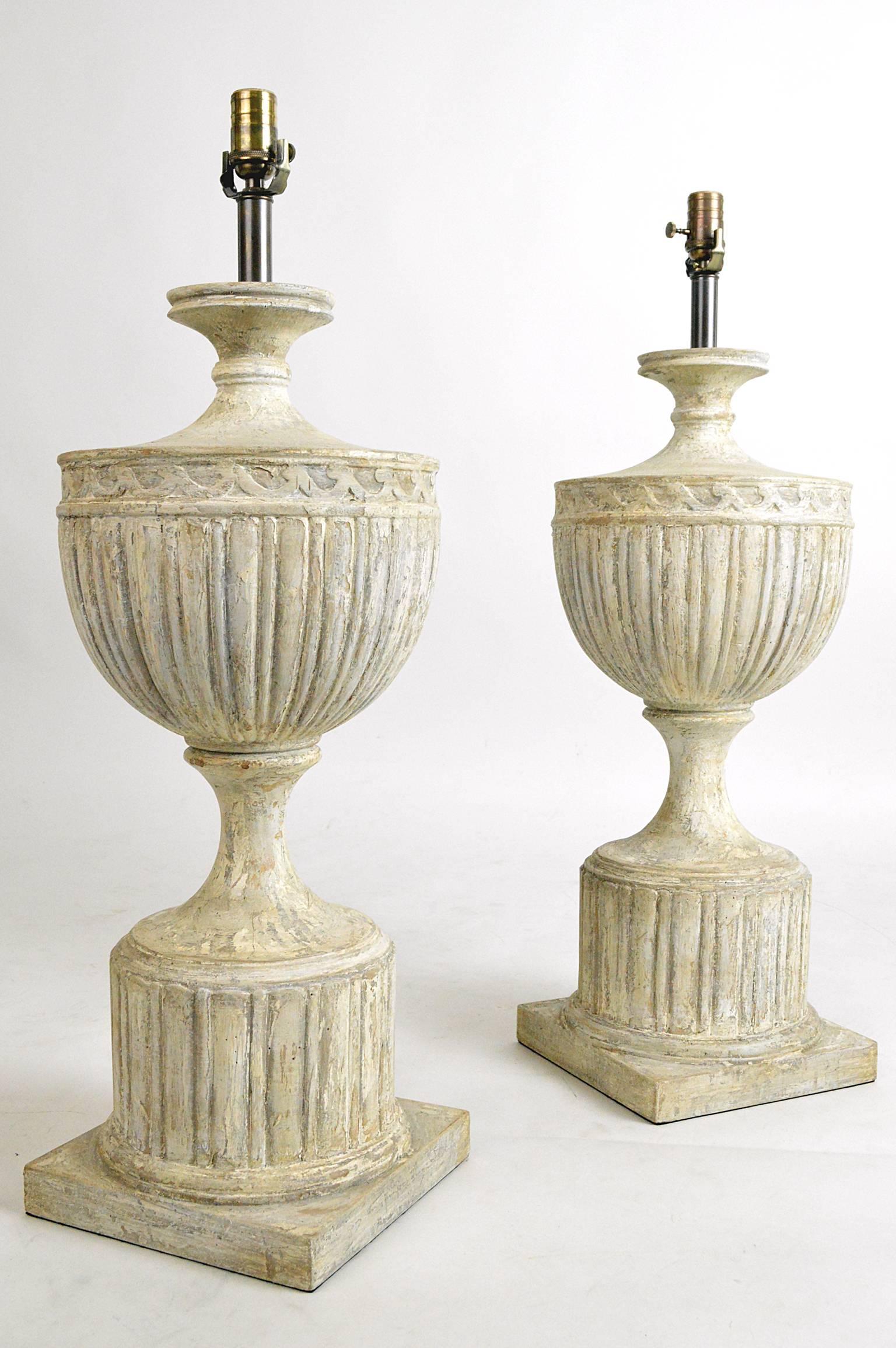 American Pair of Large Neoclassical Style Carved Wood Table Lamps