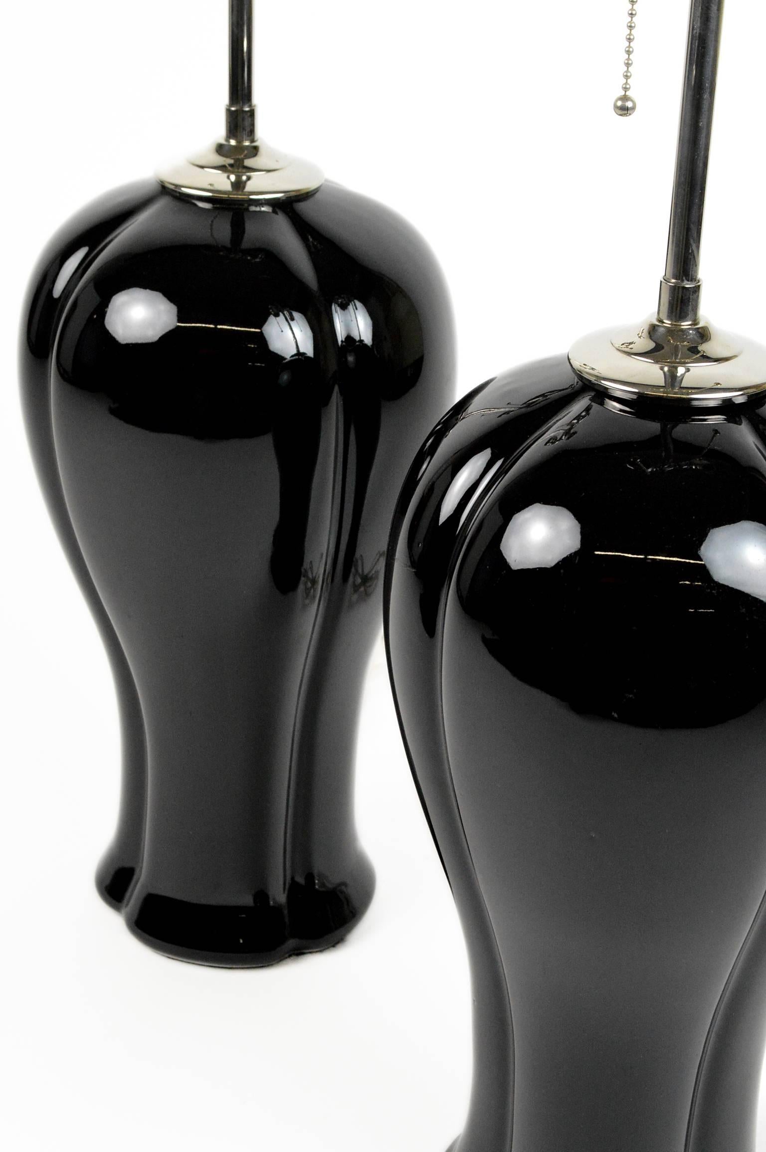 Pair of Black Glazed Ceramic Lamps For Sale 4