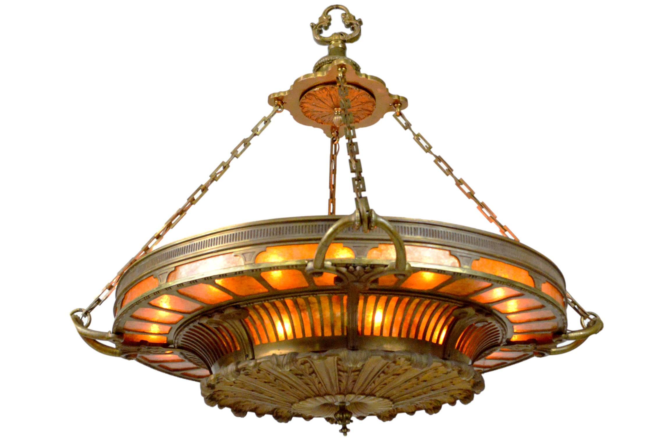 American Monumental Neoclassical Style Bronze and Mica Chandelier Mitchell Vance, NY For Sale