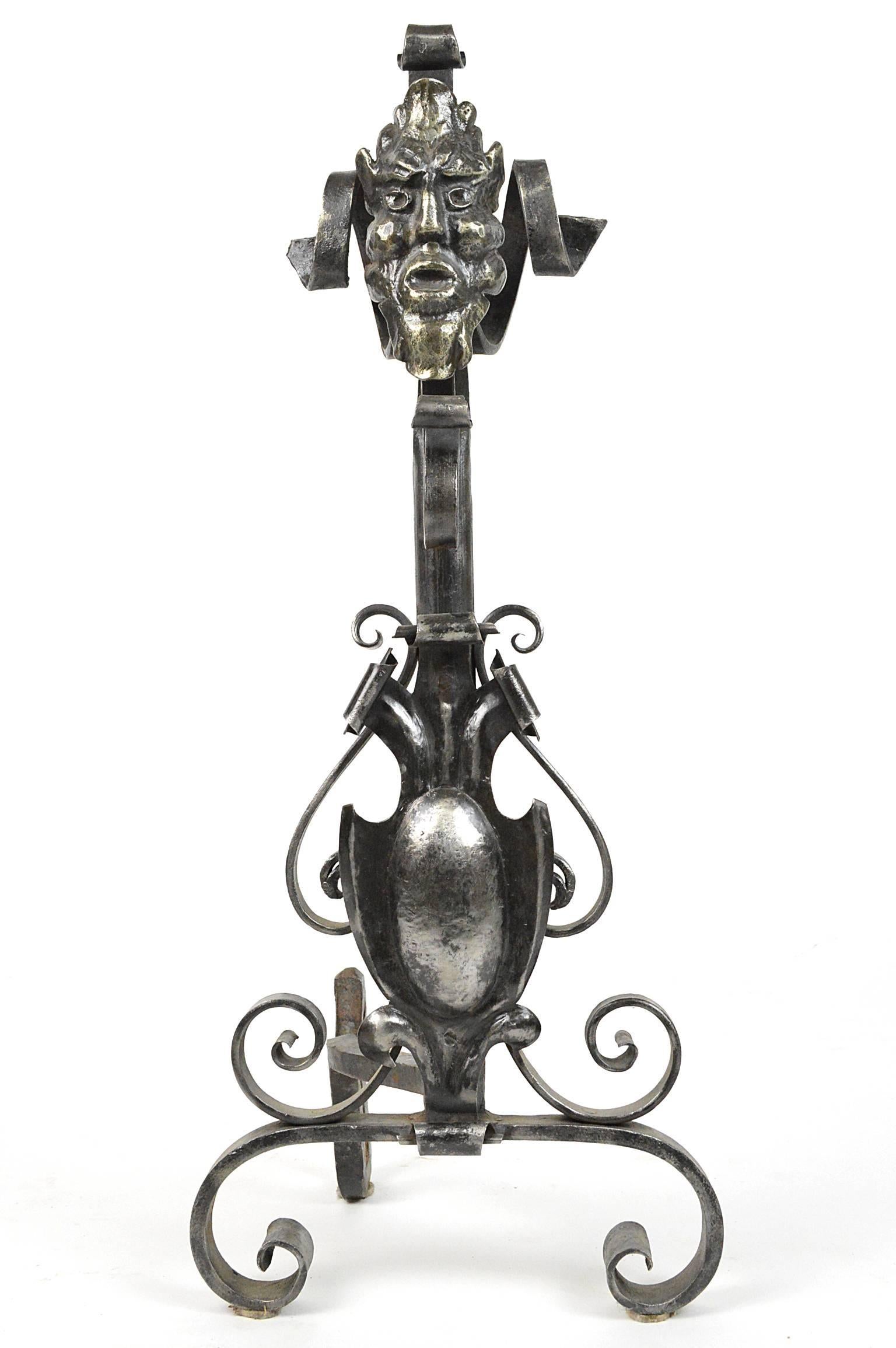 Pair of Figural Andirons in Polished Steel In Good Condition For Sale In Atlanta, GA