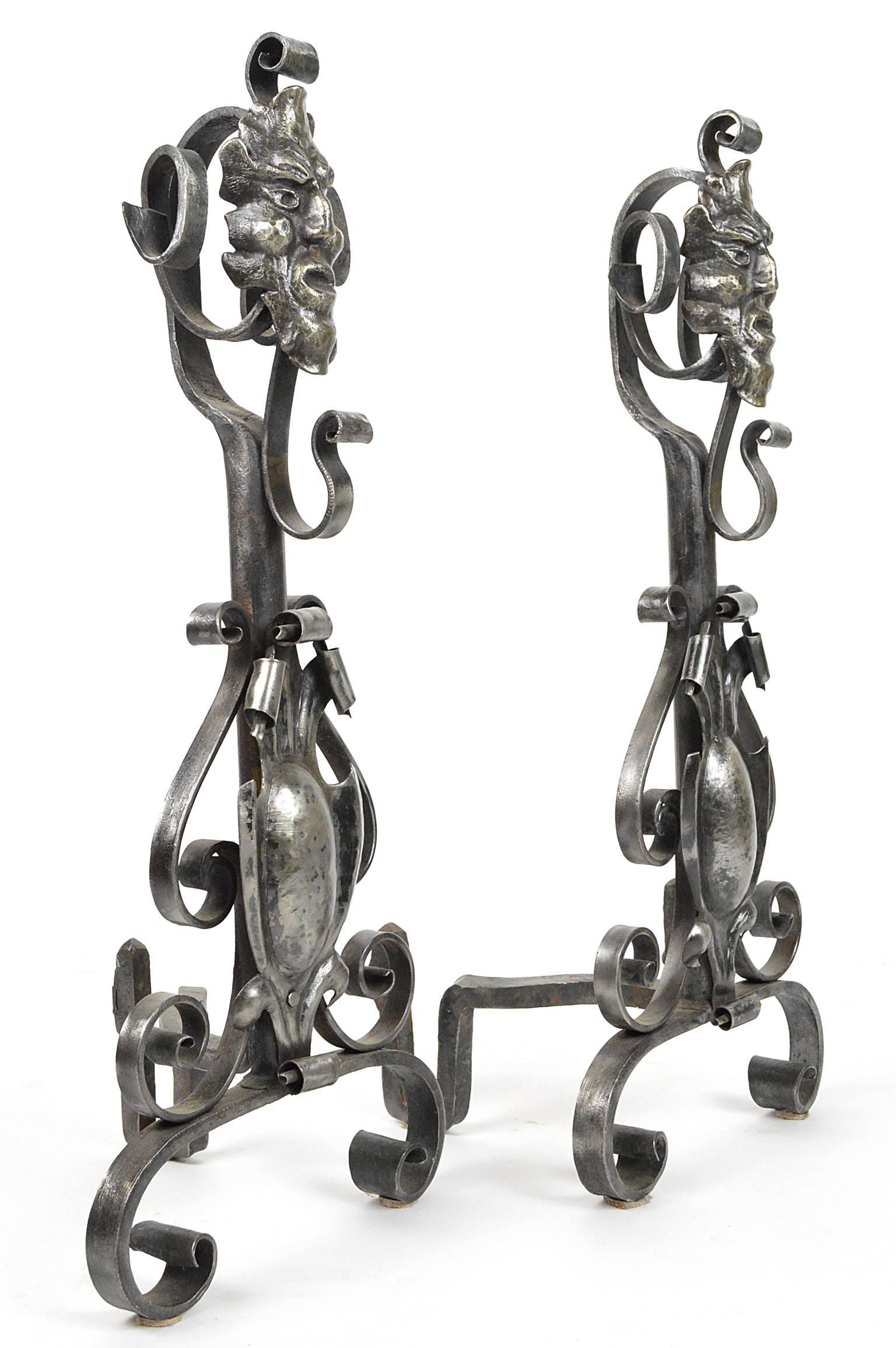 Pair of Figural Andirons in Polished Steel For Sale 1