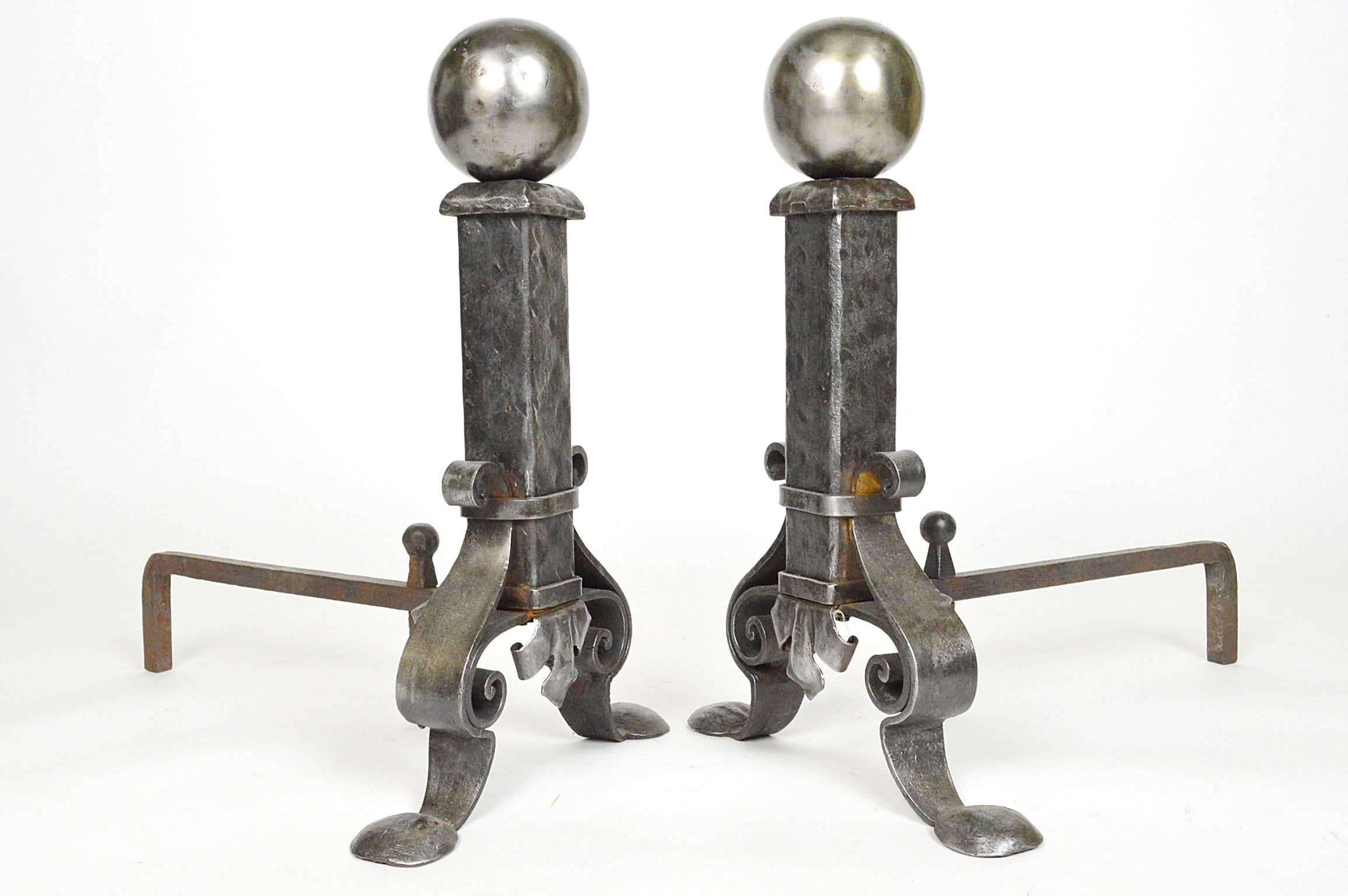19th Century Pair of Hammered Polished Steel Andirons For Sale