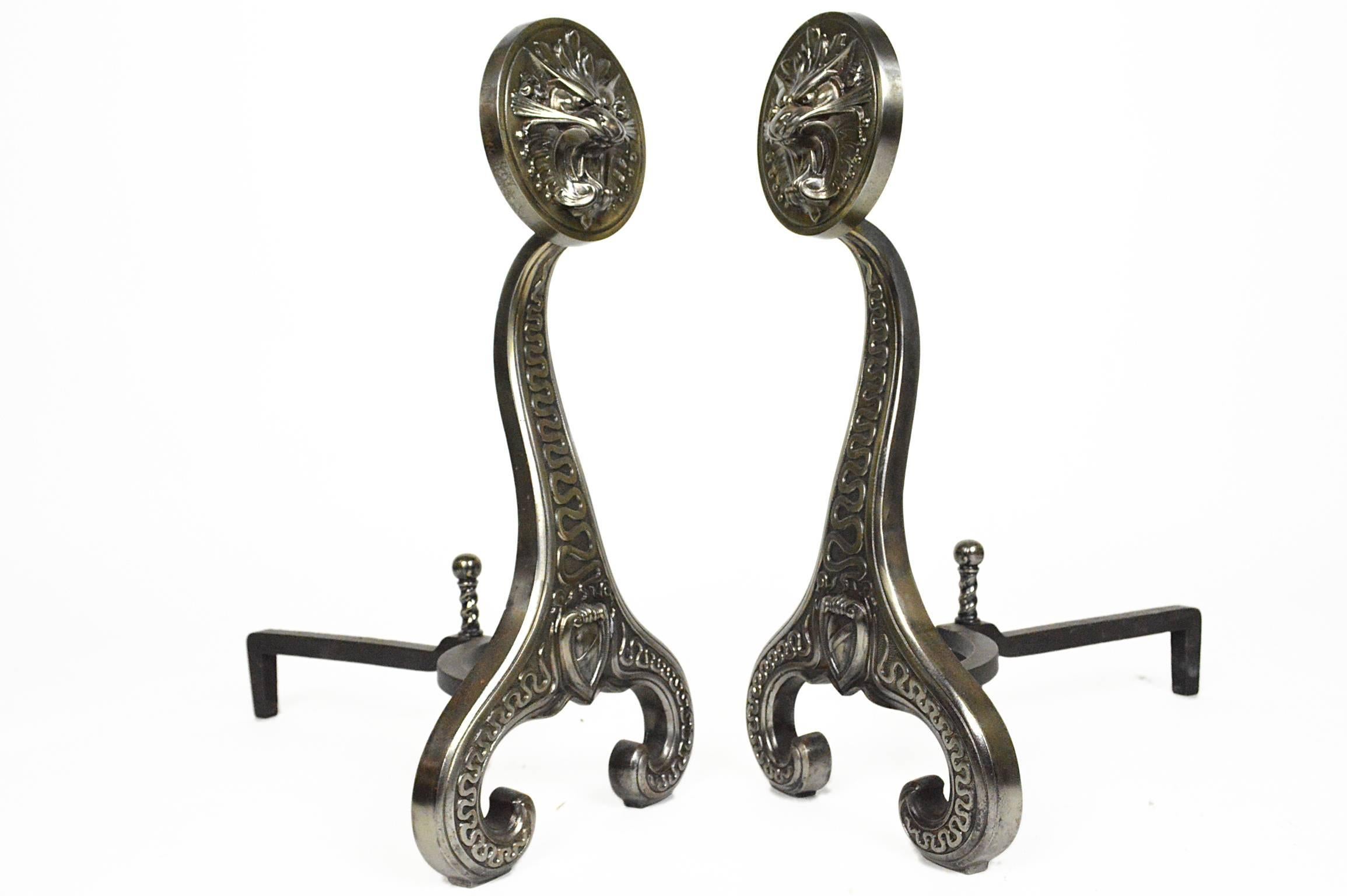 Iron Pair of Dragon Face Aesthetic Andirons For Sale