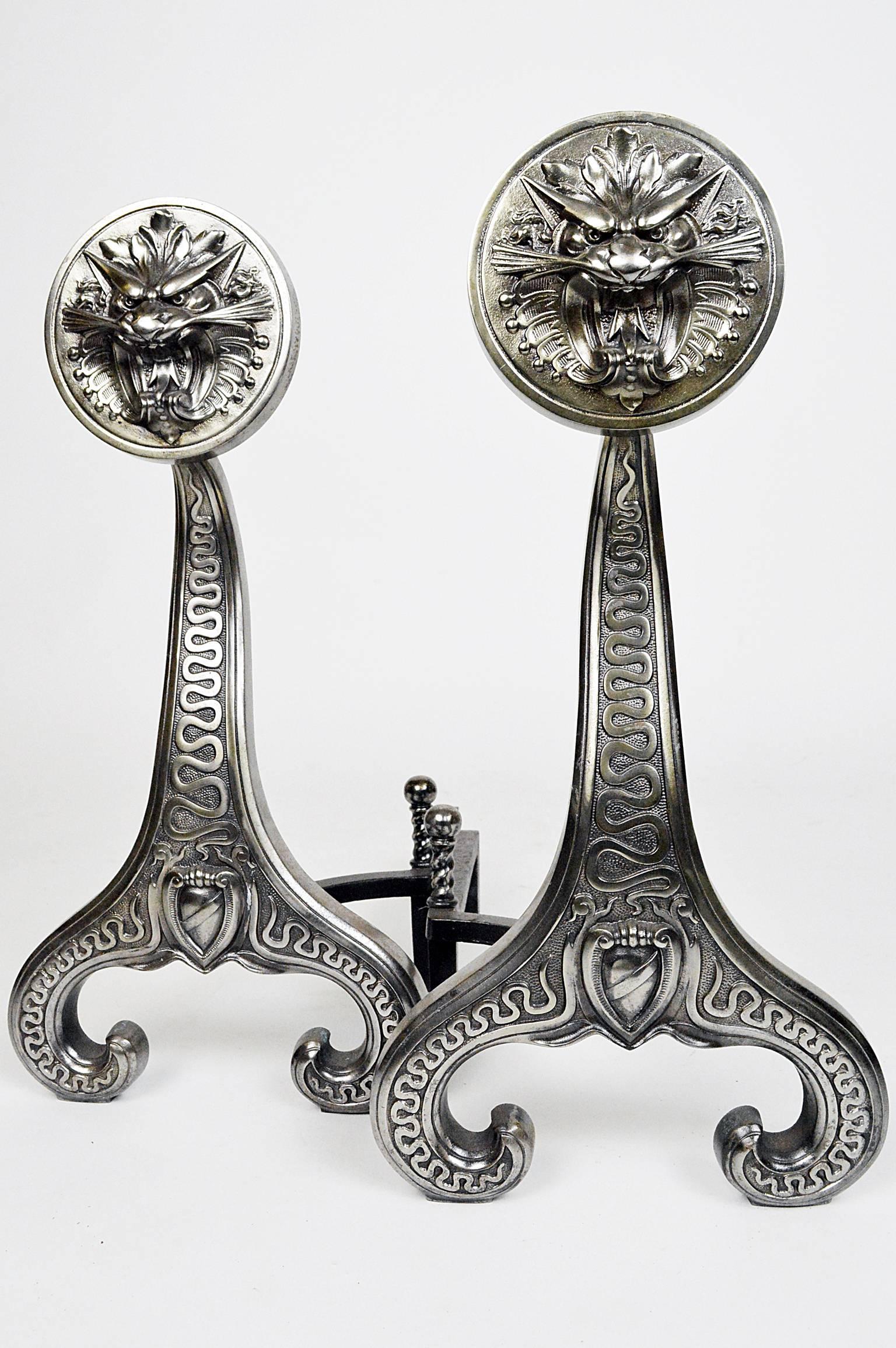 American Pair of Dragon Face Aesthetic Andirons For Sale