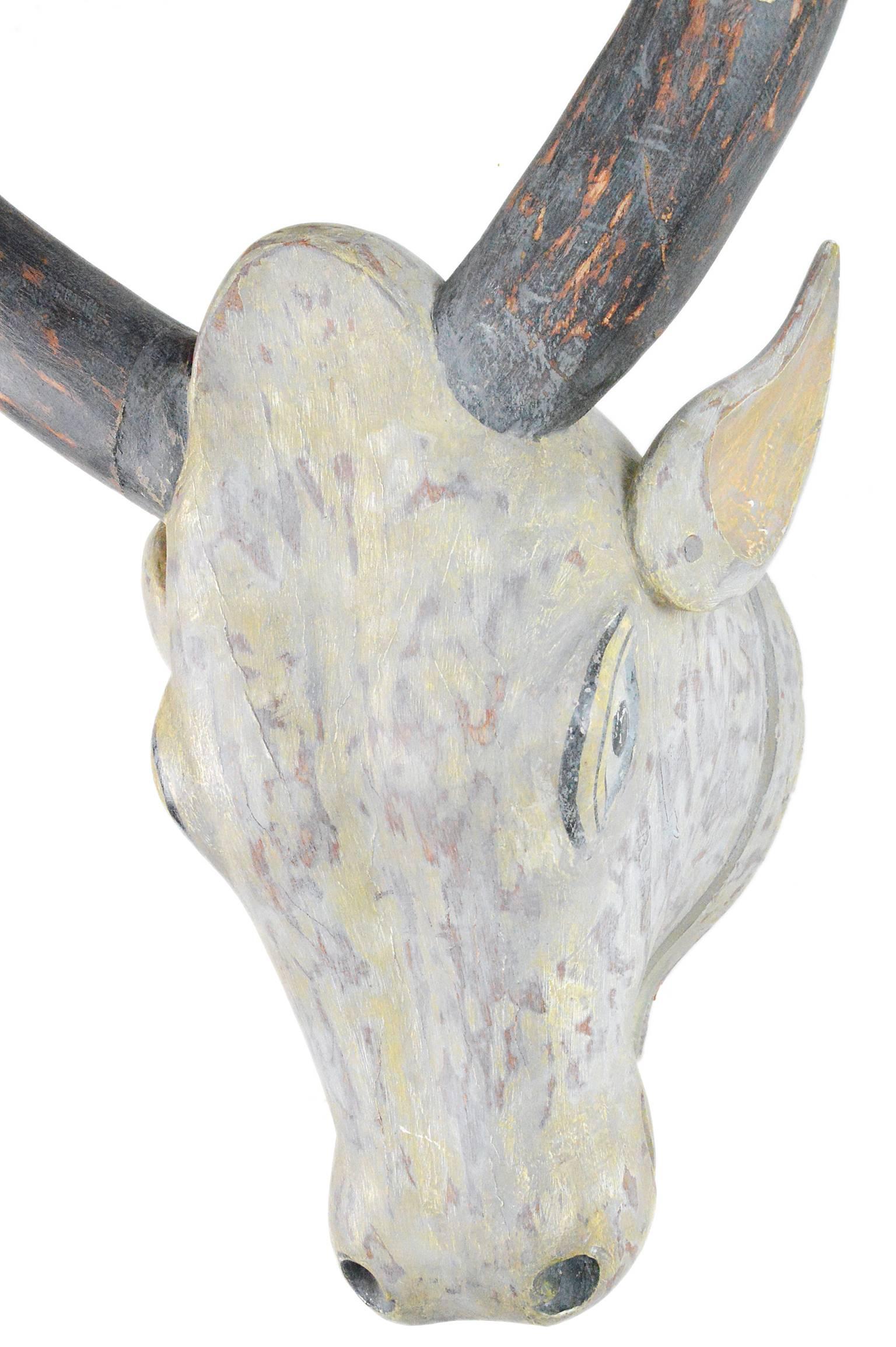 20th Century Mounted Carved and Painted Bulls Head For Sale