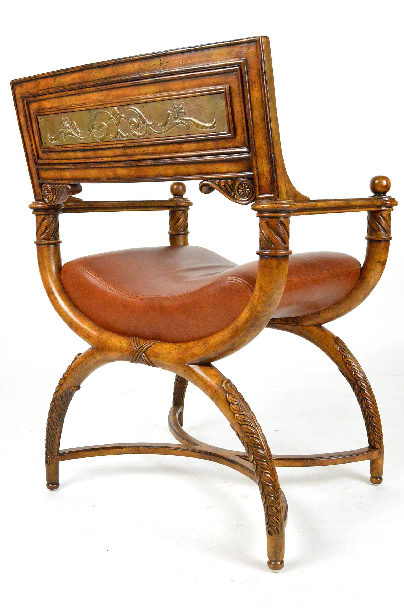 Leather Pair of Italian Savonarola Style Chairs