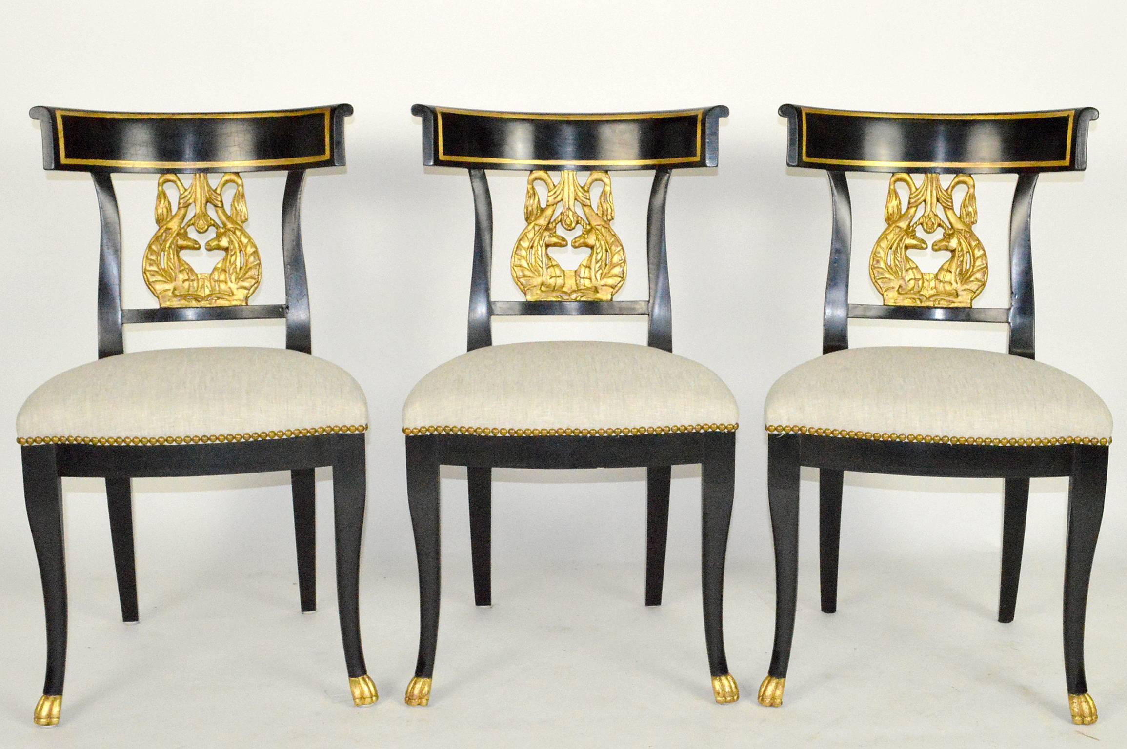 Wood Set of Six Regency Style Ebonized and Gilt Side Chairs For Sale